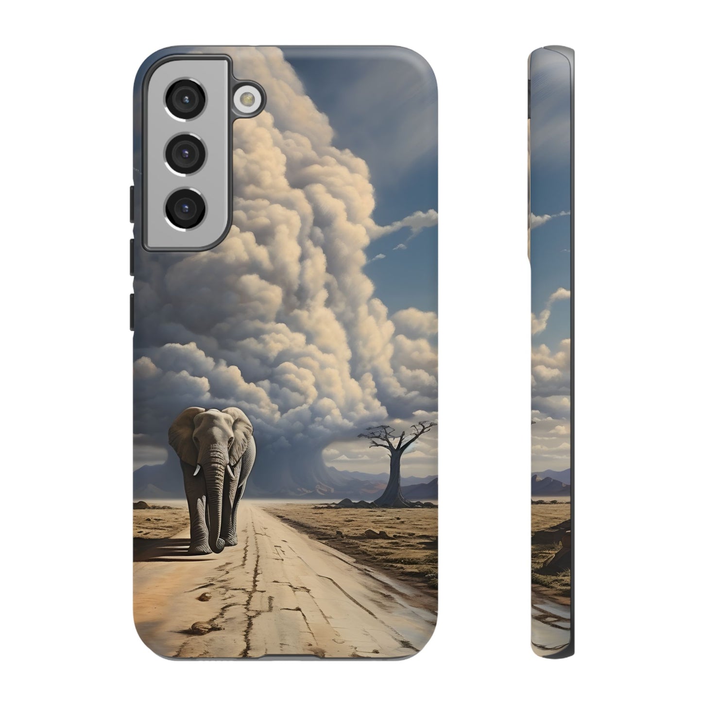 Elephant on Old Road Phone Case – Majestic Wildlife Art with Dramatic Cloud, Nature-Inspired Protective Cover
