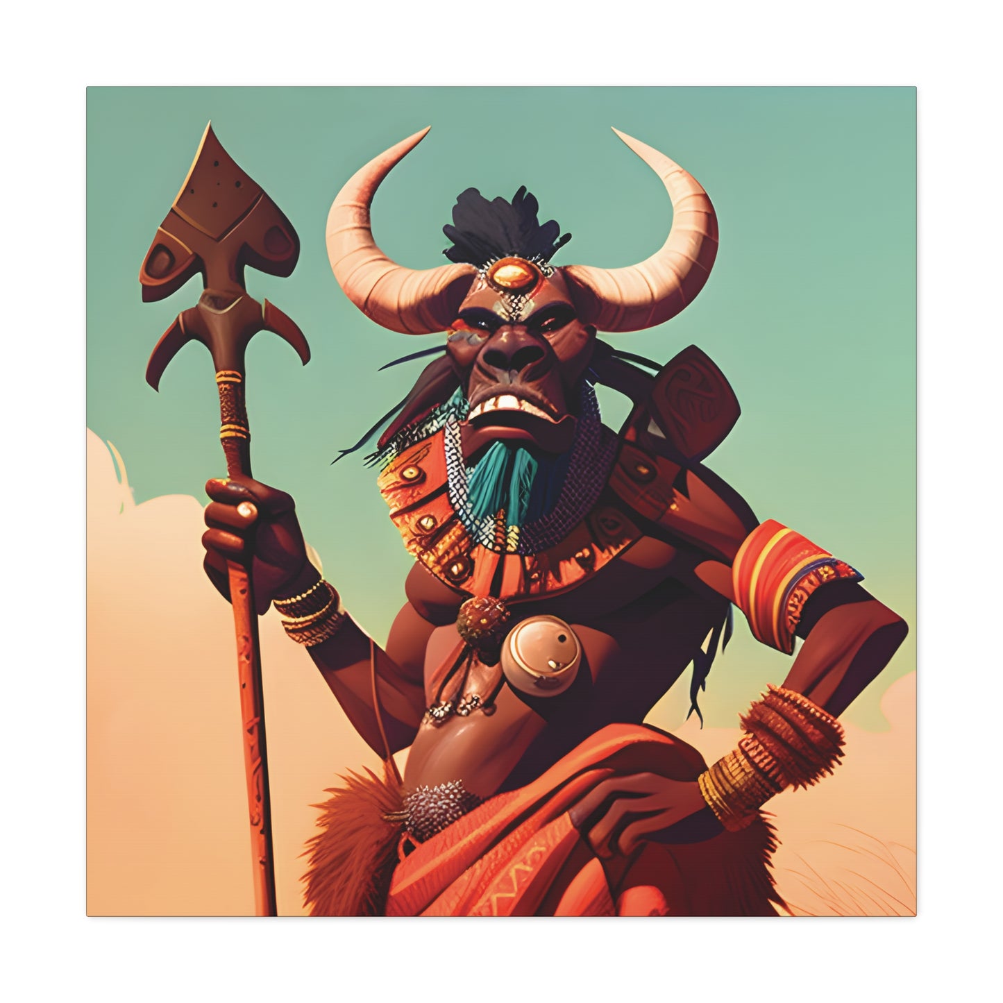 Bold African Tribal Warrior Canvas Art Print, Tribal Wall Decor, Cultural Artwork, Boho Home Decor, Unique Gifts for Him,Warrior Bull Spirit Art