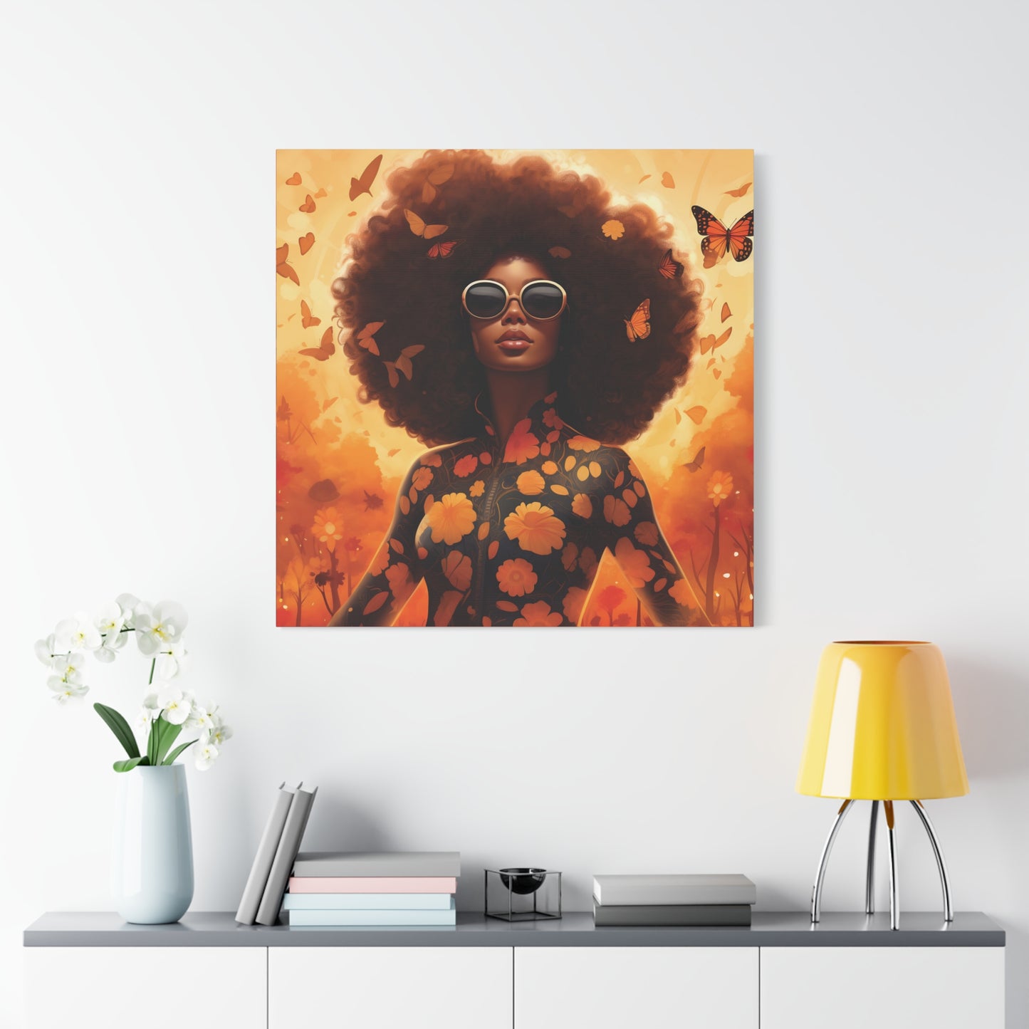 Floral Canvas Art, Bohemian Wall Decor, Afrocentric Home Decor, Vibrant Modern Art, Unique Gift Idea, Orange Butterfly Artwork