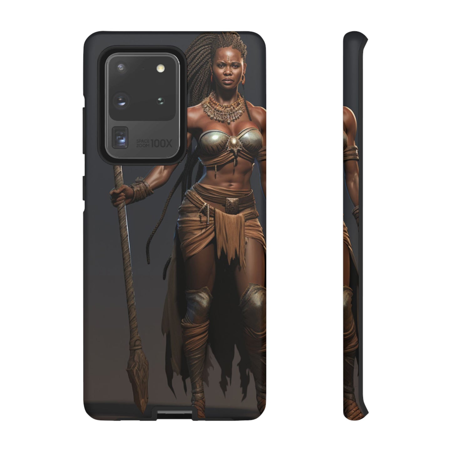 African Female Warrior Phone Case – Powerful Spear-Wielding Tribal Art Design, Bold Protective Cover
