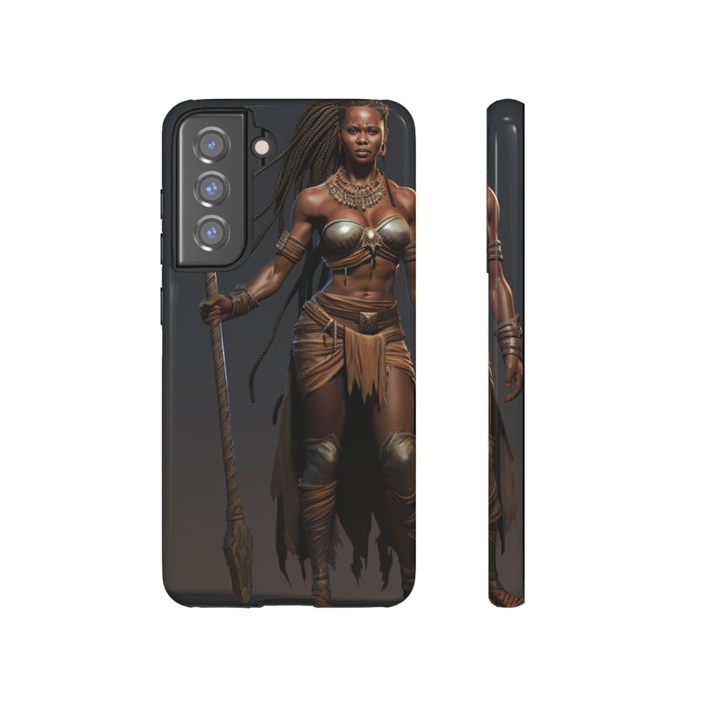 African Female Warrior Phone Case – Powerful Spear-Wielding Tribal Art Design, Bold Protective Cover