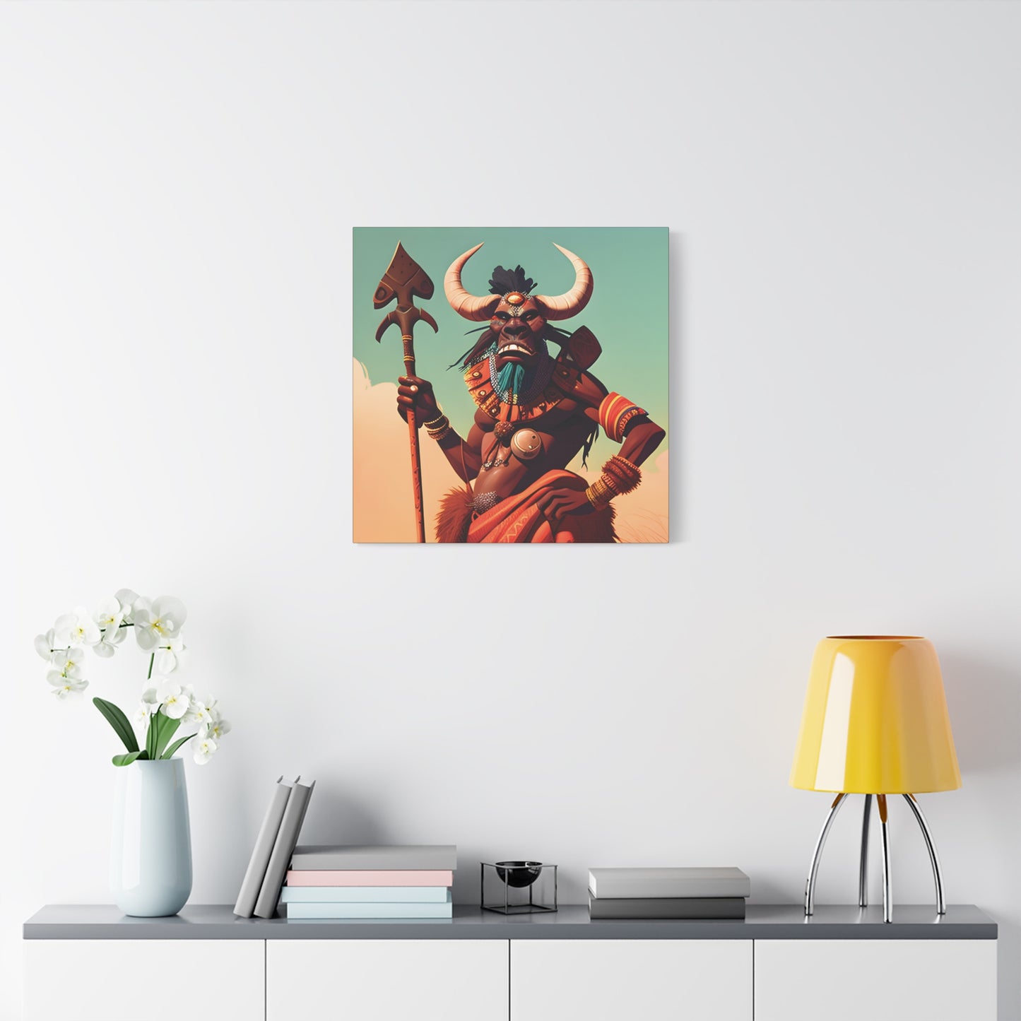 Bold African Tribal Warrior Canvas Art Print, Tribal Wall Decor, Cultural Artwork, Boho Home Decor, Unique Gifts for Him,Warrior Bull Spirit Art