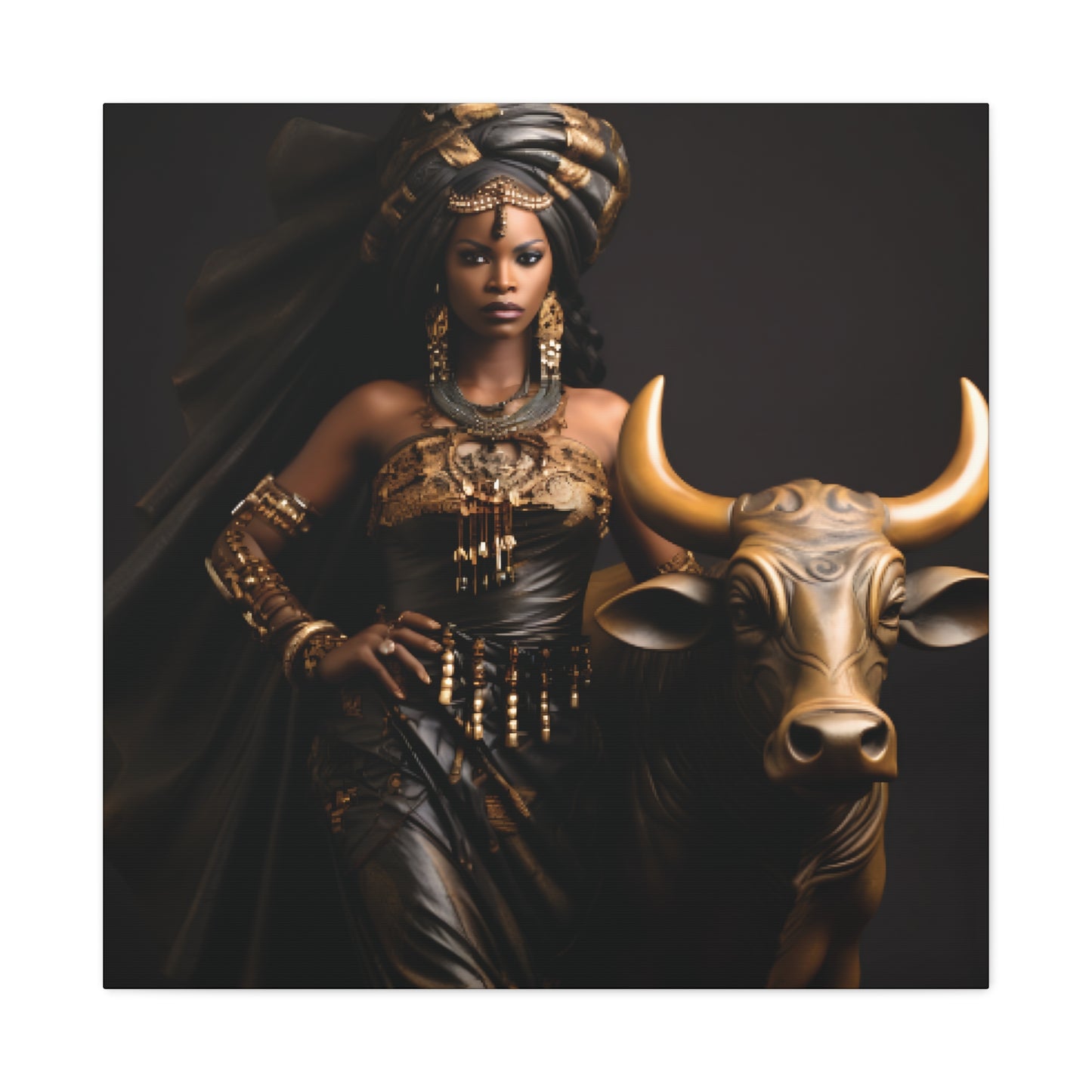 Golden African Queen with Bull – Regal Black Art Canvas for Empowered Spaces, Wall Decor, Home Decoration, Cultural Gift, Unique Artwork, Living Room Art