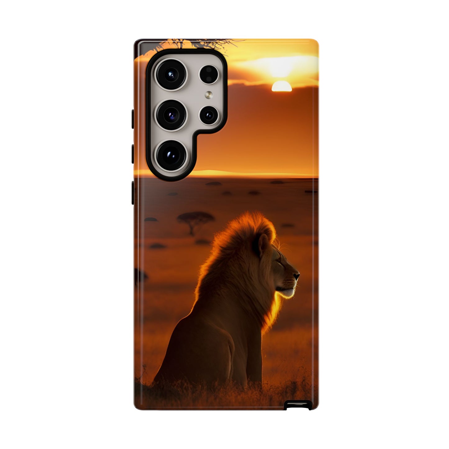 Lion Sunset Phone Case – Majestic Wildlife Art with Tree Silhouette, Safari-Inspired Protective Cover