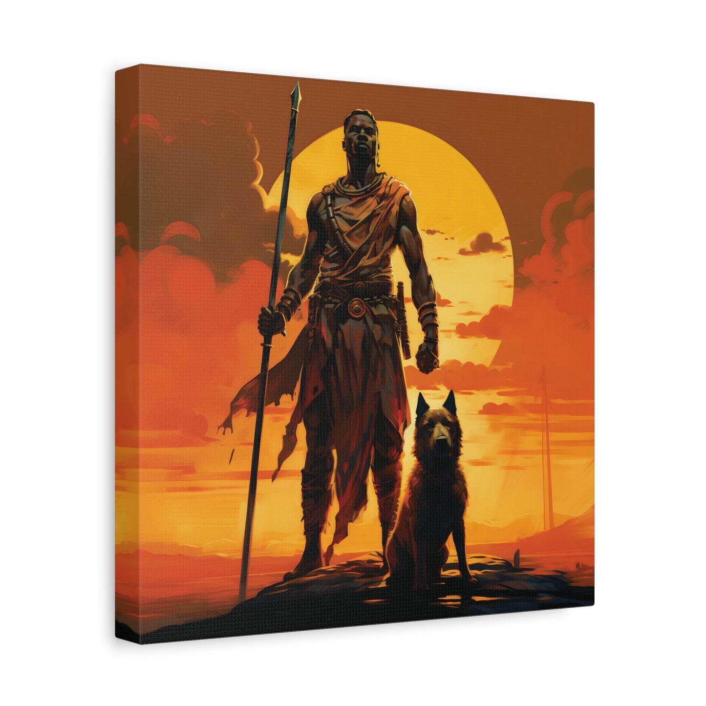 African Warrior and Guardian Dog Canvas artwork Print – Epic Sunset Wall Art for Bold Spaces, Wall Art, Home Decor, Unique Gift, Nature Inspired, Adventure Wall Hanging, Inspirational Art