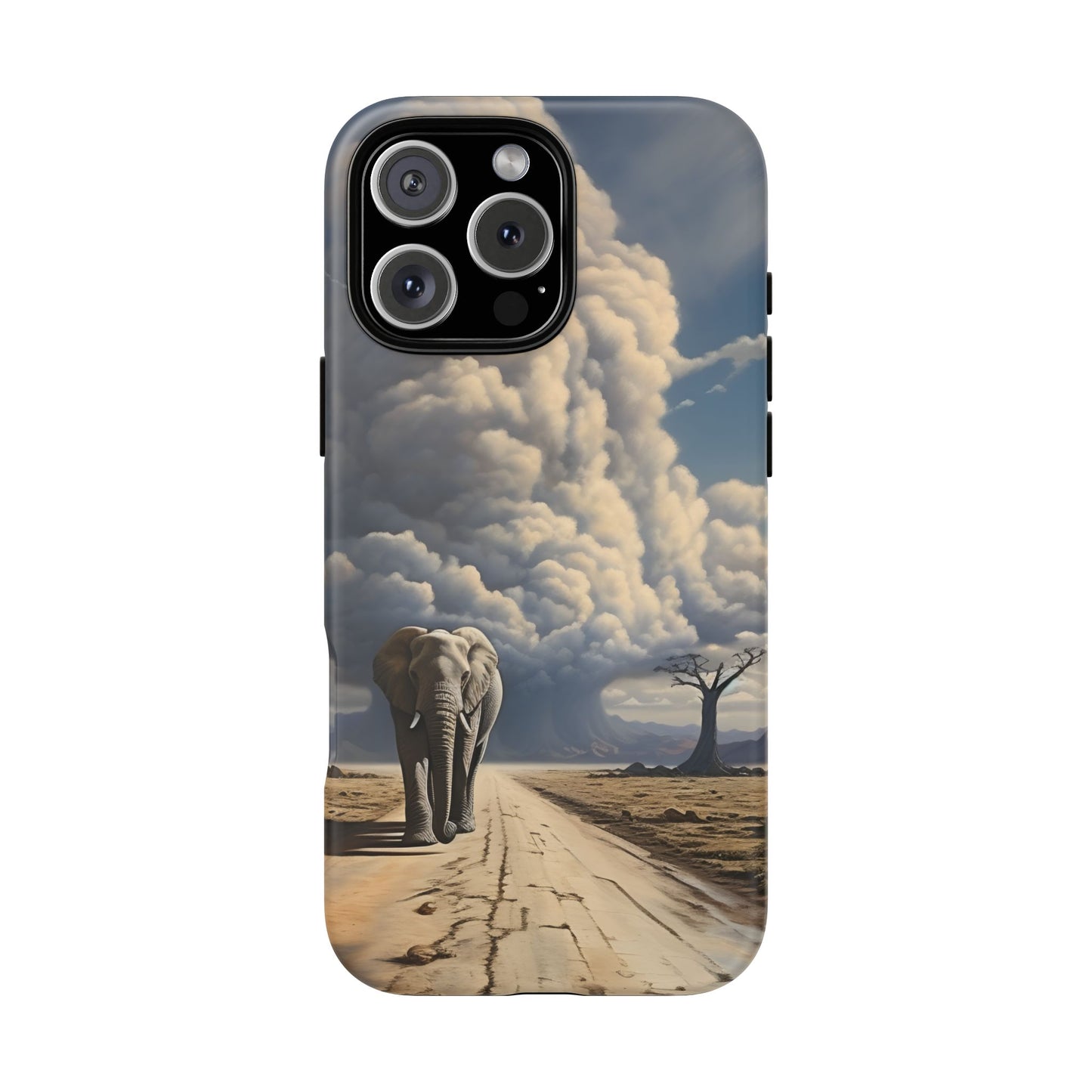Elephant on Old Road Phone Case – Majestic Wildlife Art with Dramatic Cloud, Nature-Inspired Protective Cover