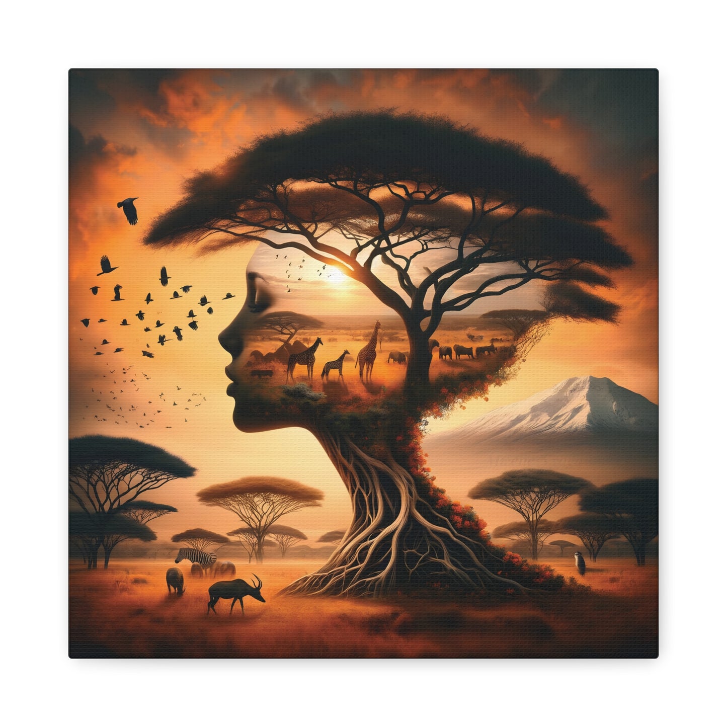 Mother Africa Silhouette Tree Art – Afrocentric Safari Wall Print with Wildlife & Mountain Scene - Dreamy Wall Decor for Nature Lovers, Wildlife Artwork,