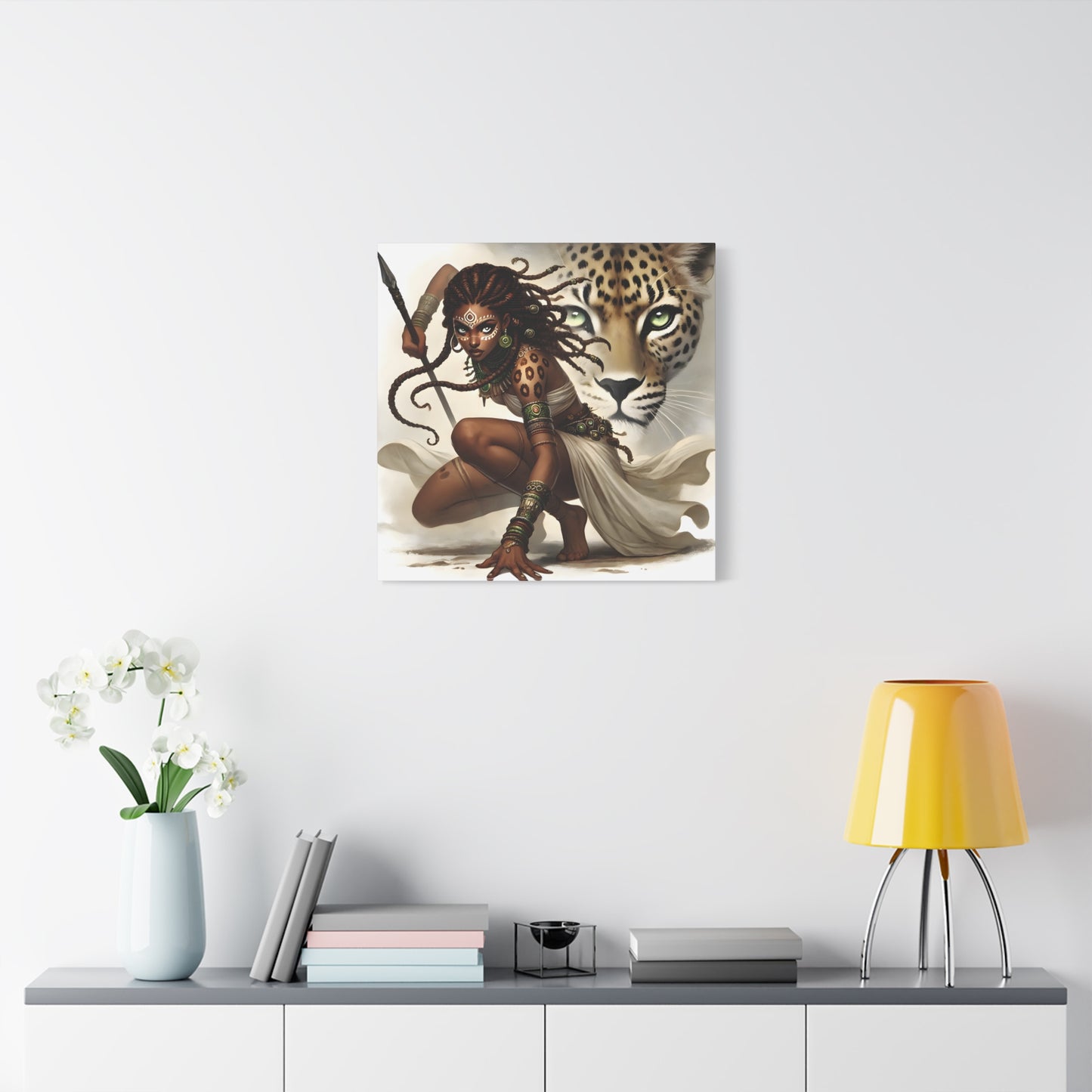 African Warrior Queen and Leopard Art – Empowering Canvas Wall Decor, Jungle Queen, Home Decor, African Art, Nature Inspired