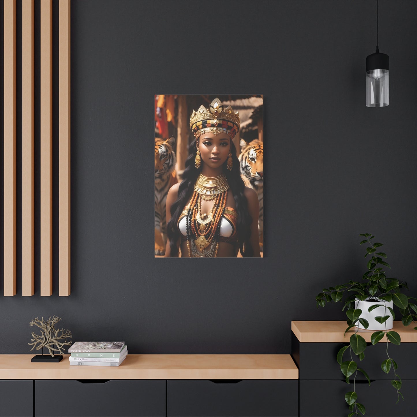 African Royal Queen with Tigers Wall Art – Tribal Crown & Golden Jewelry | Afrocentric Power Decor Bohemian Home Decor, Ethnic Artwork