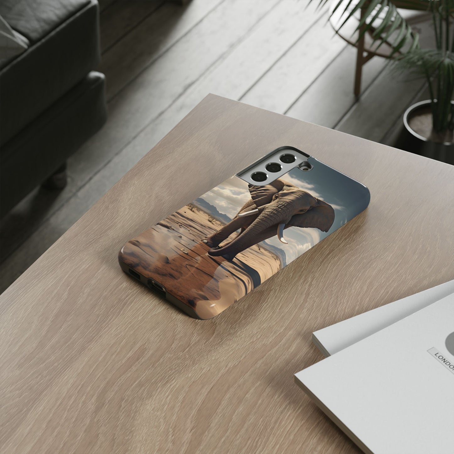 Elephant Drinking Water Phone Case - Wildlife Art in Dry Landscape Design, Nature-Inspired Protective Cover