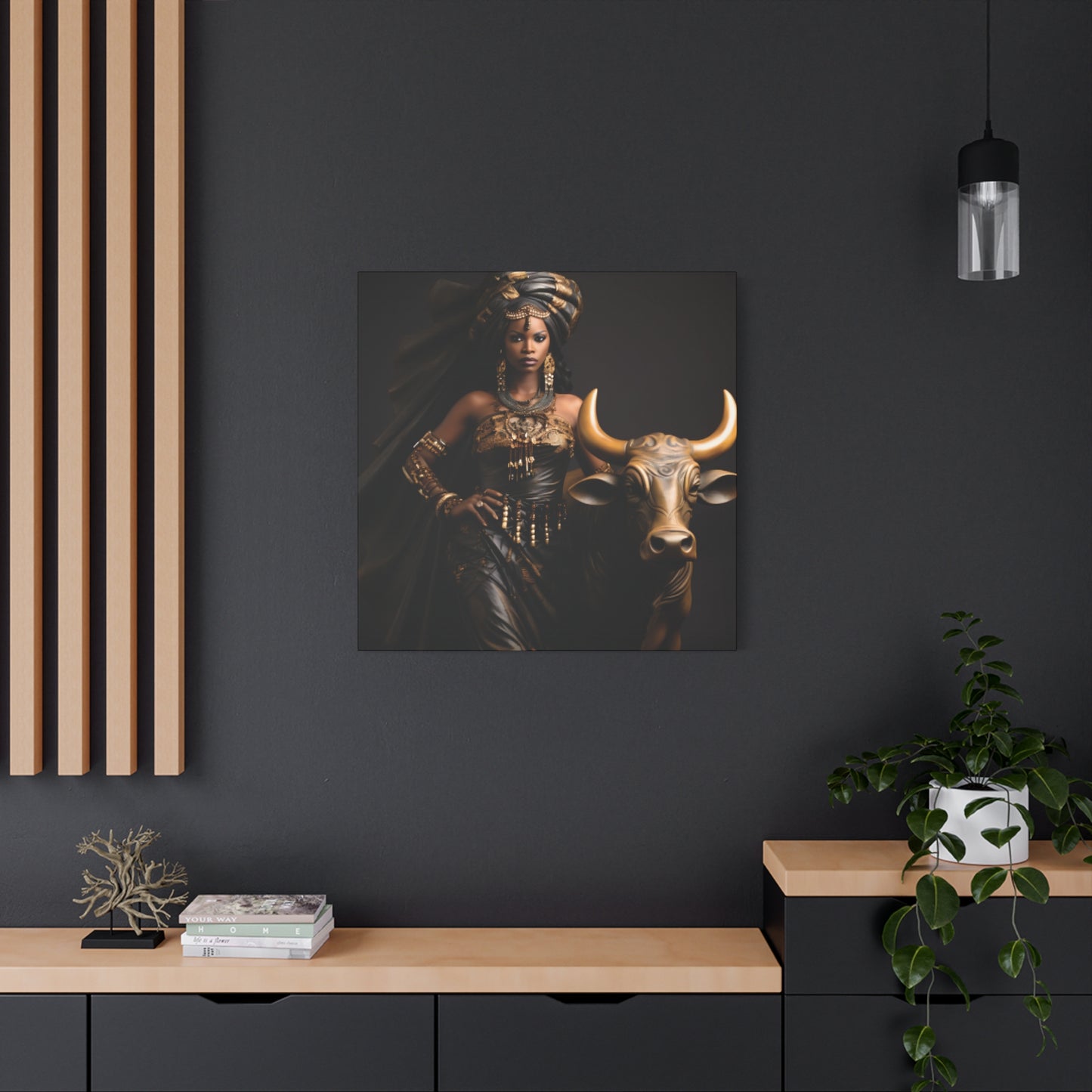 Golden African Queen with Bull – Regal Black Art Canvas for Empowered Spaces, Wall Decor, Home Decoration, Cultural Gift, Unique Artwork, Living Room Art