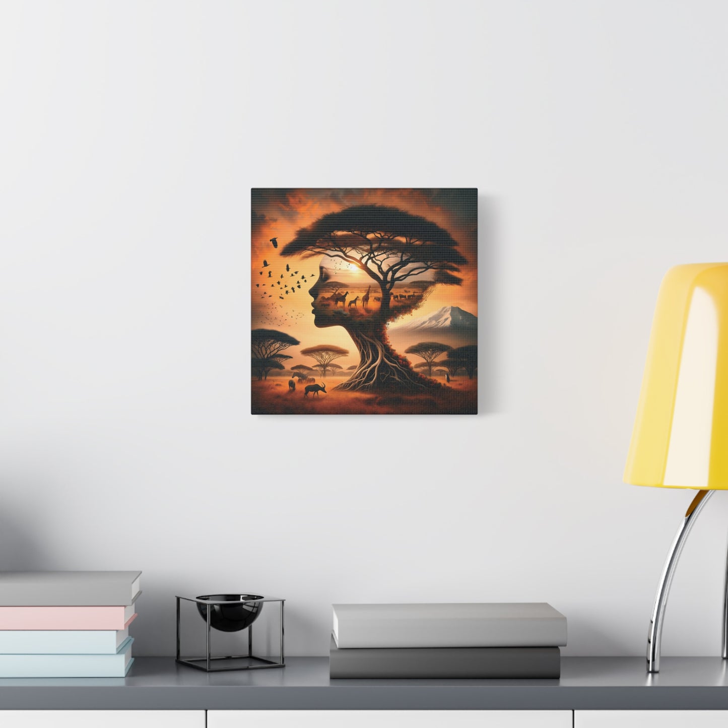 Mother Africa Silhouette Tree Art – Afrocentric Safari Wall Print with Wildlife & Mountain Scene - Dreamy Wall Decor for Nature Lovers, Wildlife Artwork,