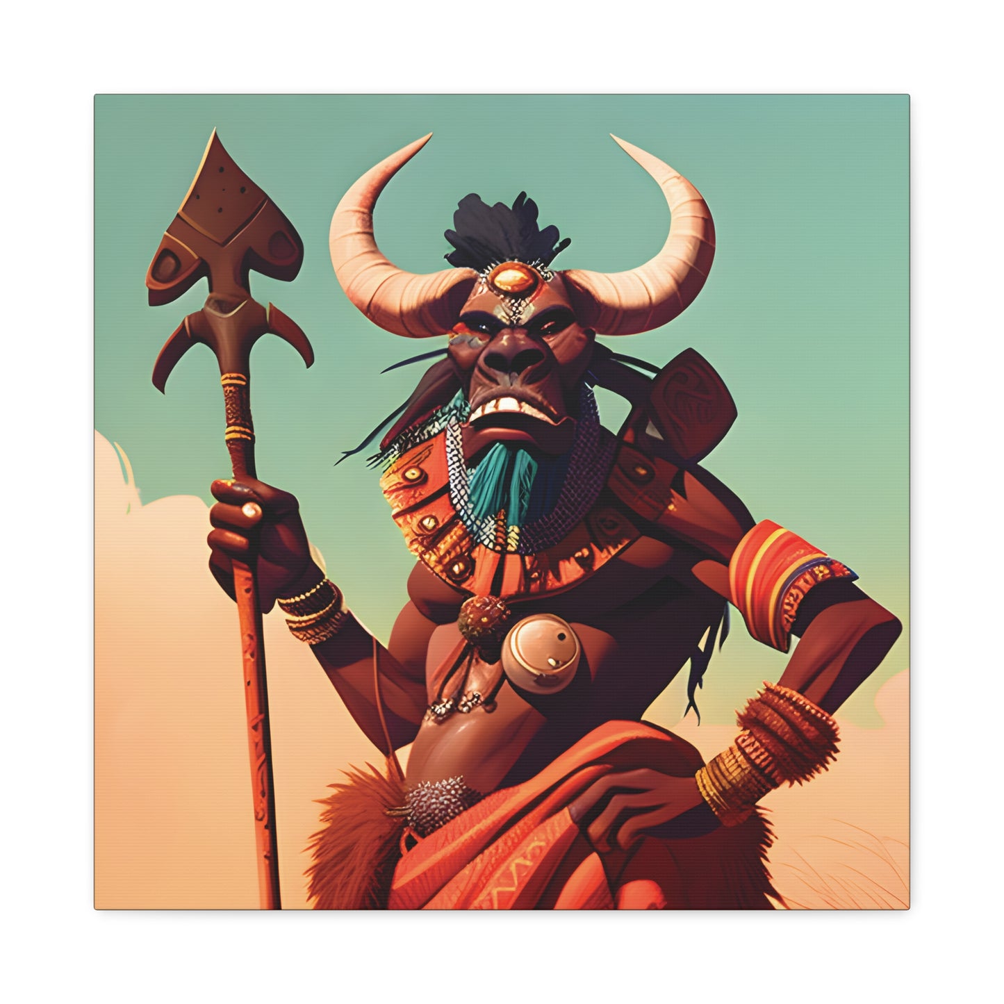 Bold African Tribal Warrior Canvas Art Print, Tribal Wall Decor, Cultural Artwork, Boho Home Decor, Unique Gifts for Him,Warrior Bull Spirit Art