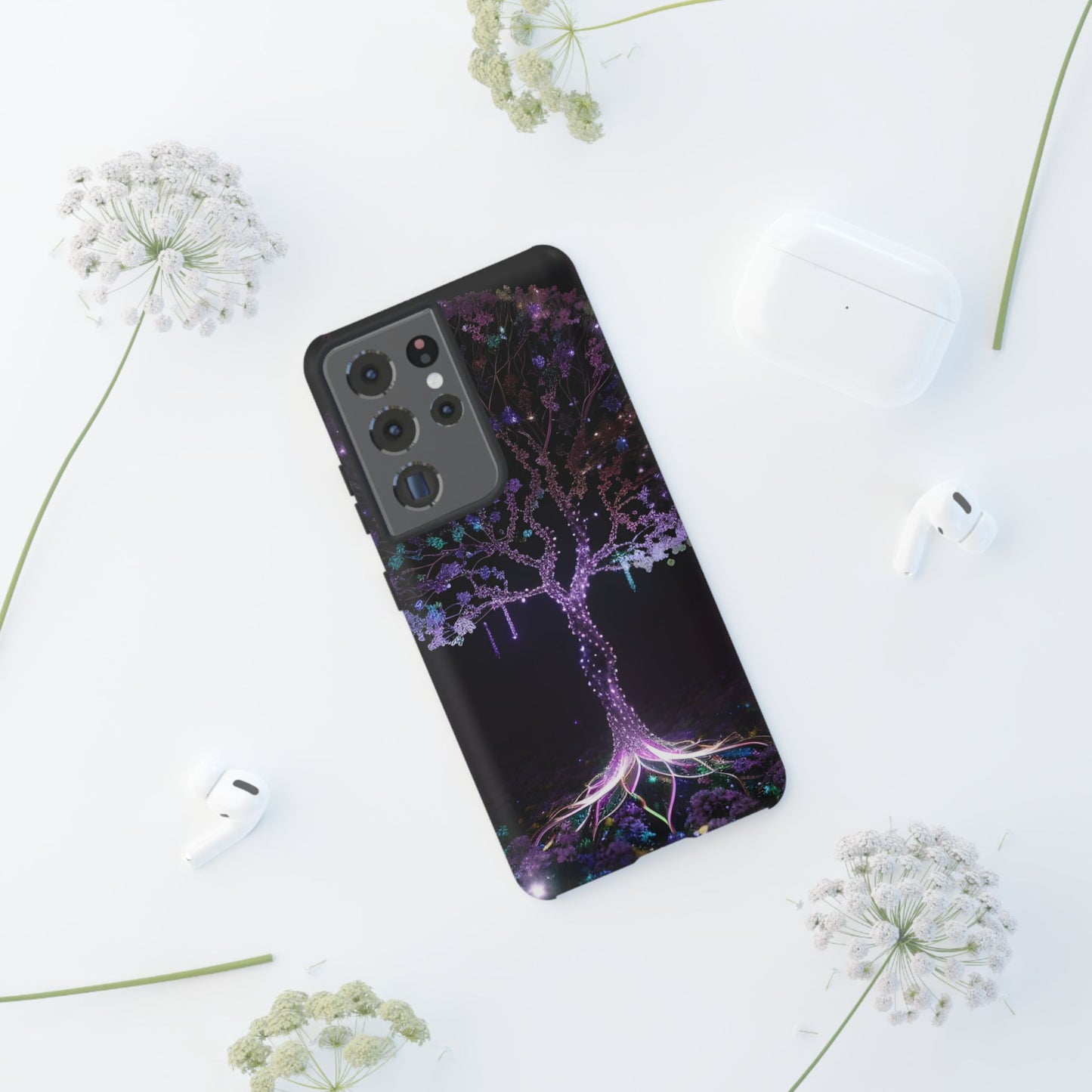 Dark Purple Tree Phone Case – Luminous Nature Art, Mystical Night Design Protective Cove