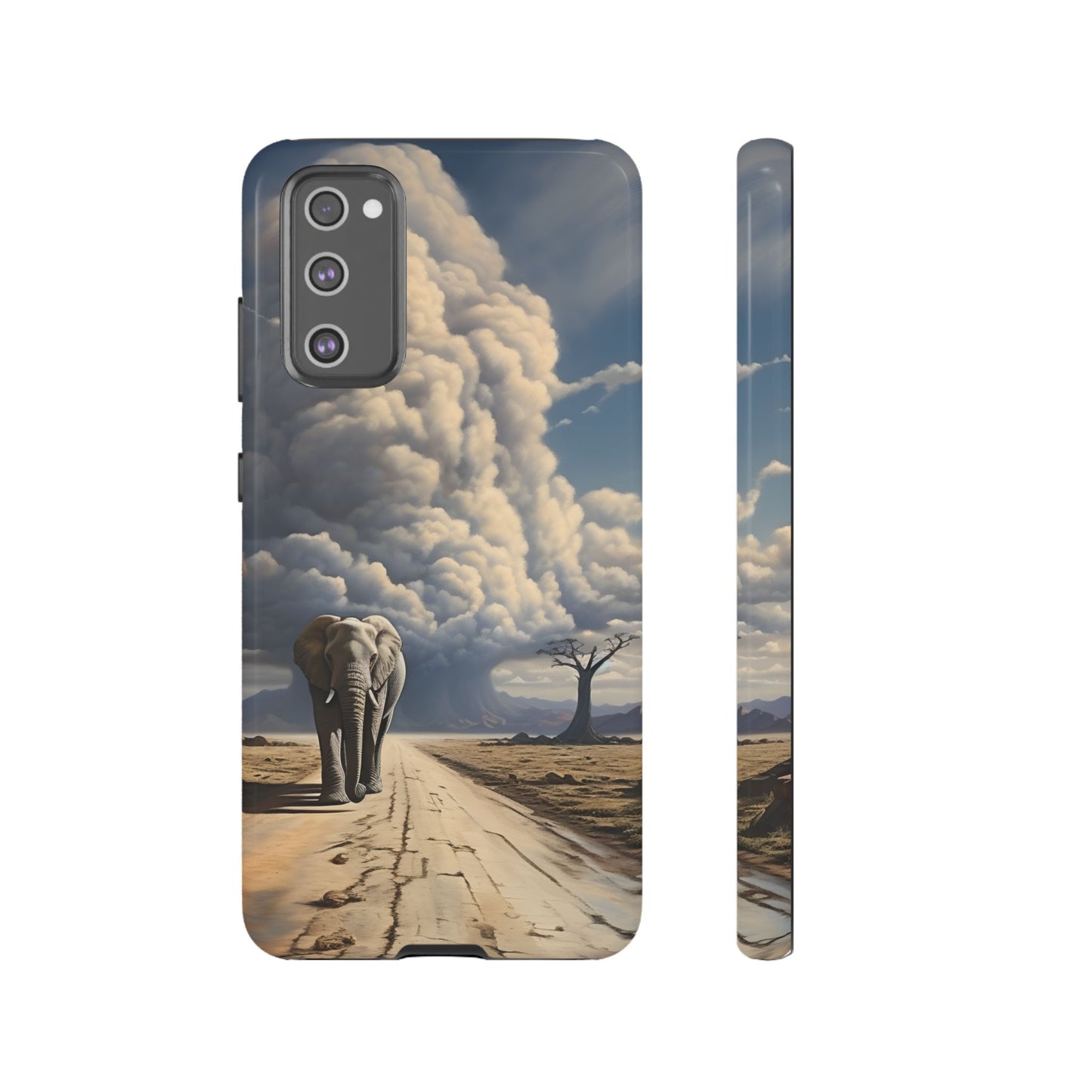 Elephant on Old Road Phone Case – Majestic Wildlife Art with Dramatic Cloud, Nature-Inspired Protective Cover