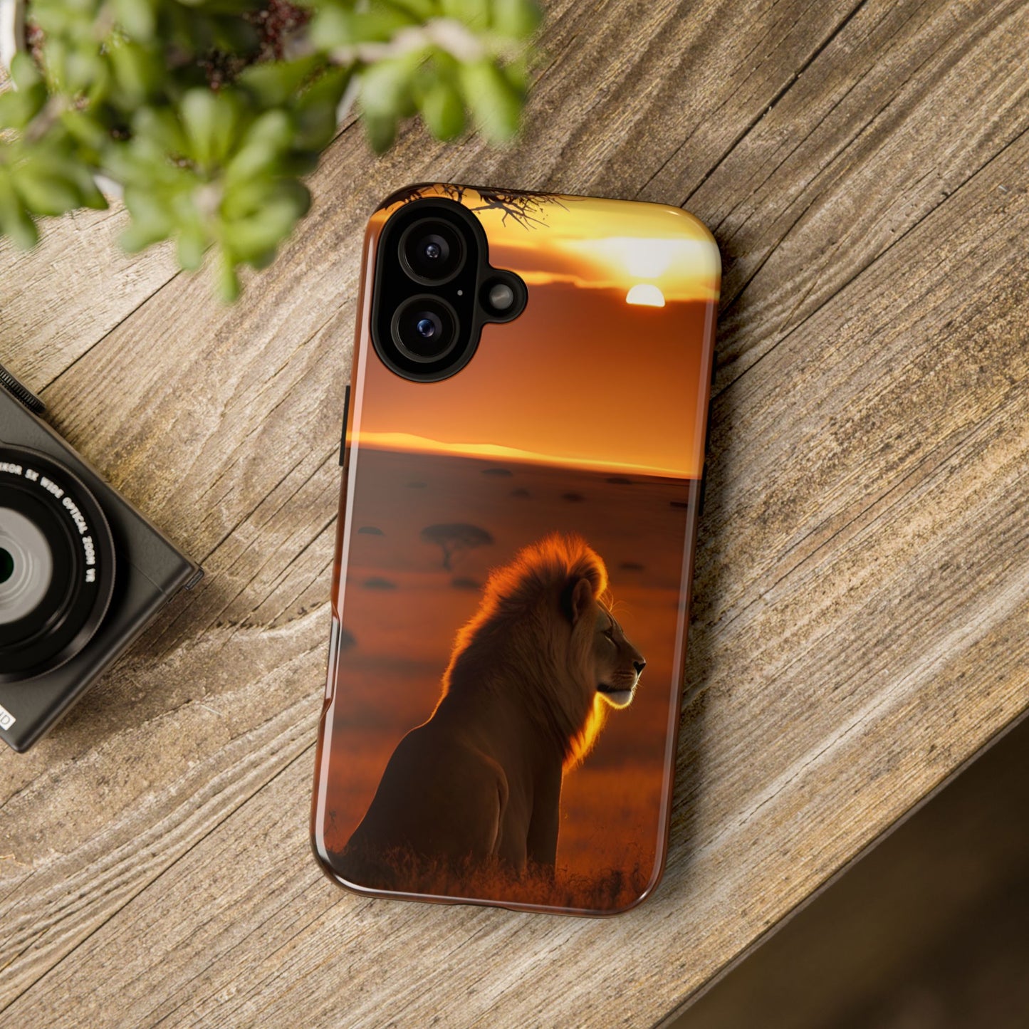 Lion Sunset Phone Case – Majestic Wildlife Art with Tree Silhouette, Safari-Inspired Protective Cover