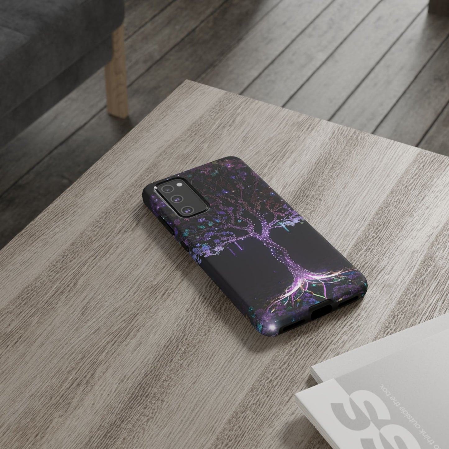 Dark Purple Tree Phone Case – Luminous Nature Art, Mystical Night Design Protective Cove