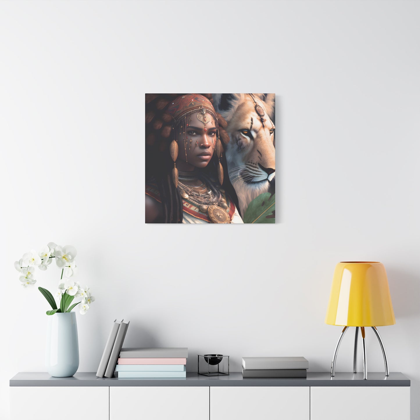 African Tribal Queen and White Lion Canvas – Regal Afrocentric Canvas Art Print, Bohemian Decor, Unique Wall Art, Tribal Home Decoration, Lion and Woman Artwork, Gift for Nature Lovers