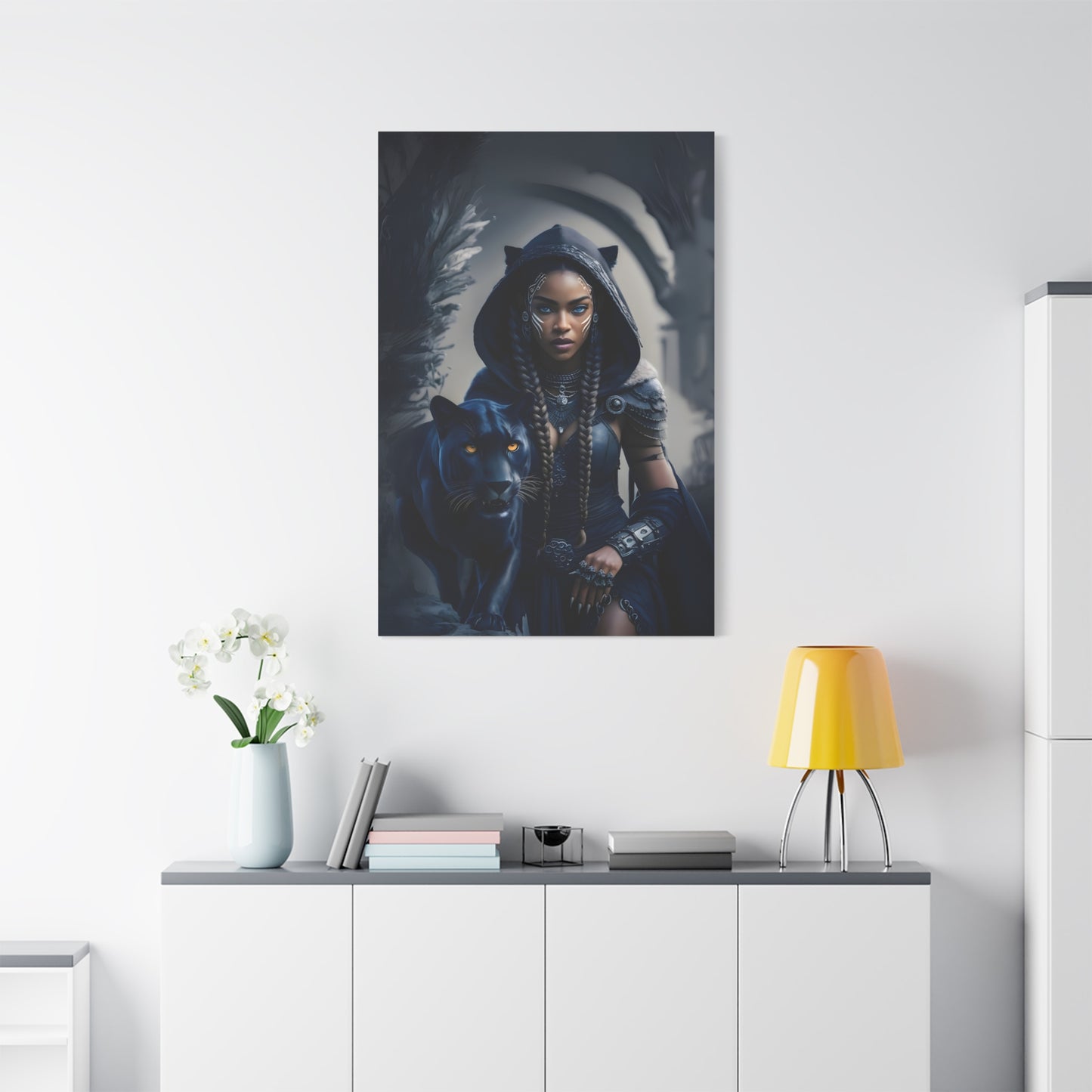 Fantasy Canvas Wall Art - Warrior with Panther, Home Decor, Black Art Print, Gift for Her, Boho Wall Hanging, Magical Room Decor, Afro