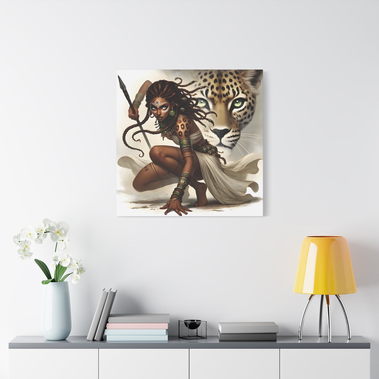 African Warrior Queen and Leopard Art – Empowering Canvas Wall Decor, Jungle Queen, Home Decor, African Art, Nature Inspired