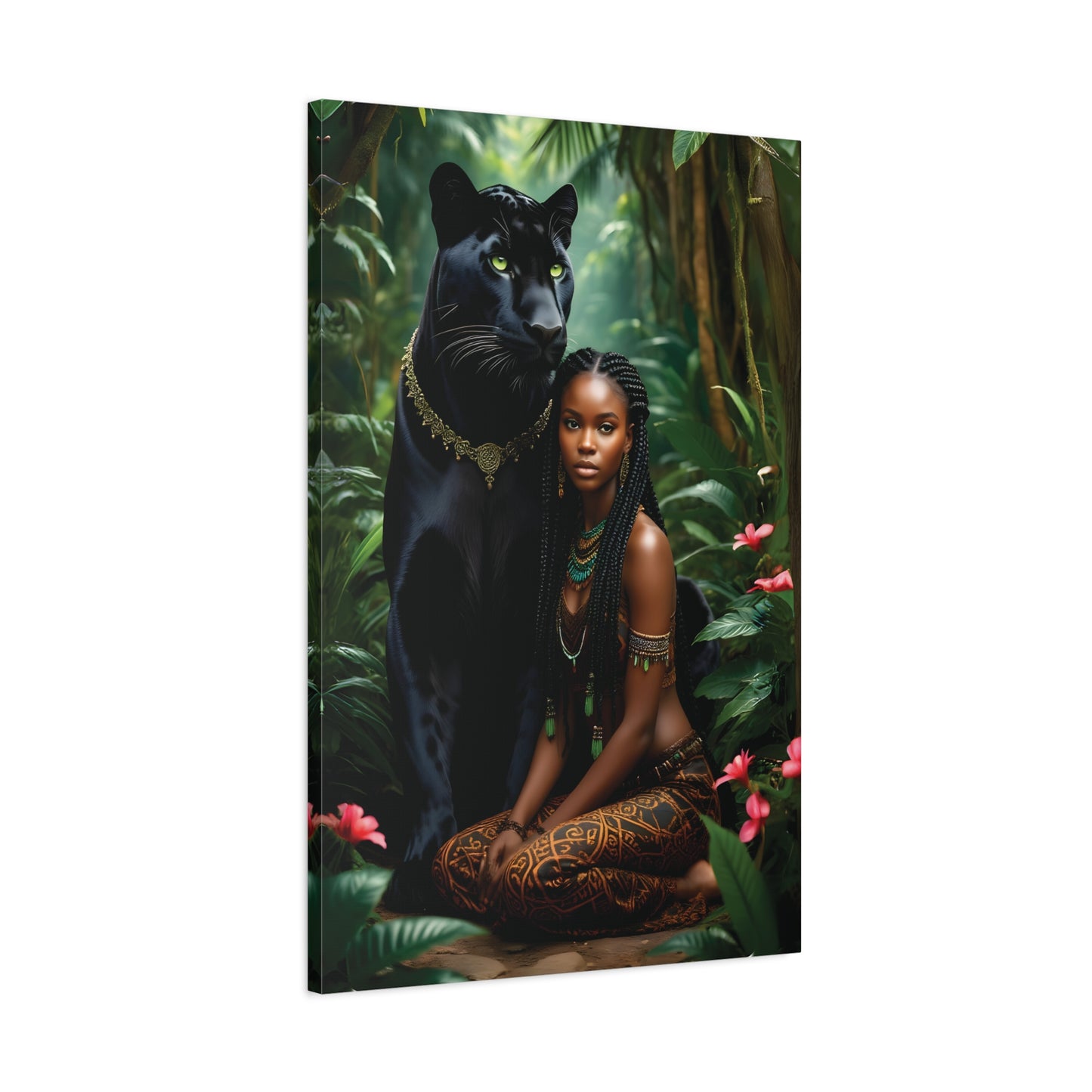 Exotic Jungle Canvas Art Print, Black Panther and Woman Wall Decor, Nature Lover Gift, Bohemian Home Art, Tropical Vibe Decoration, Afro Art