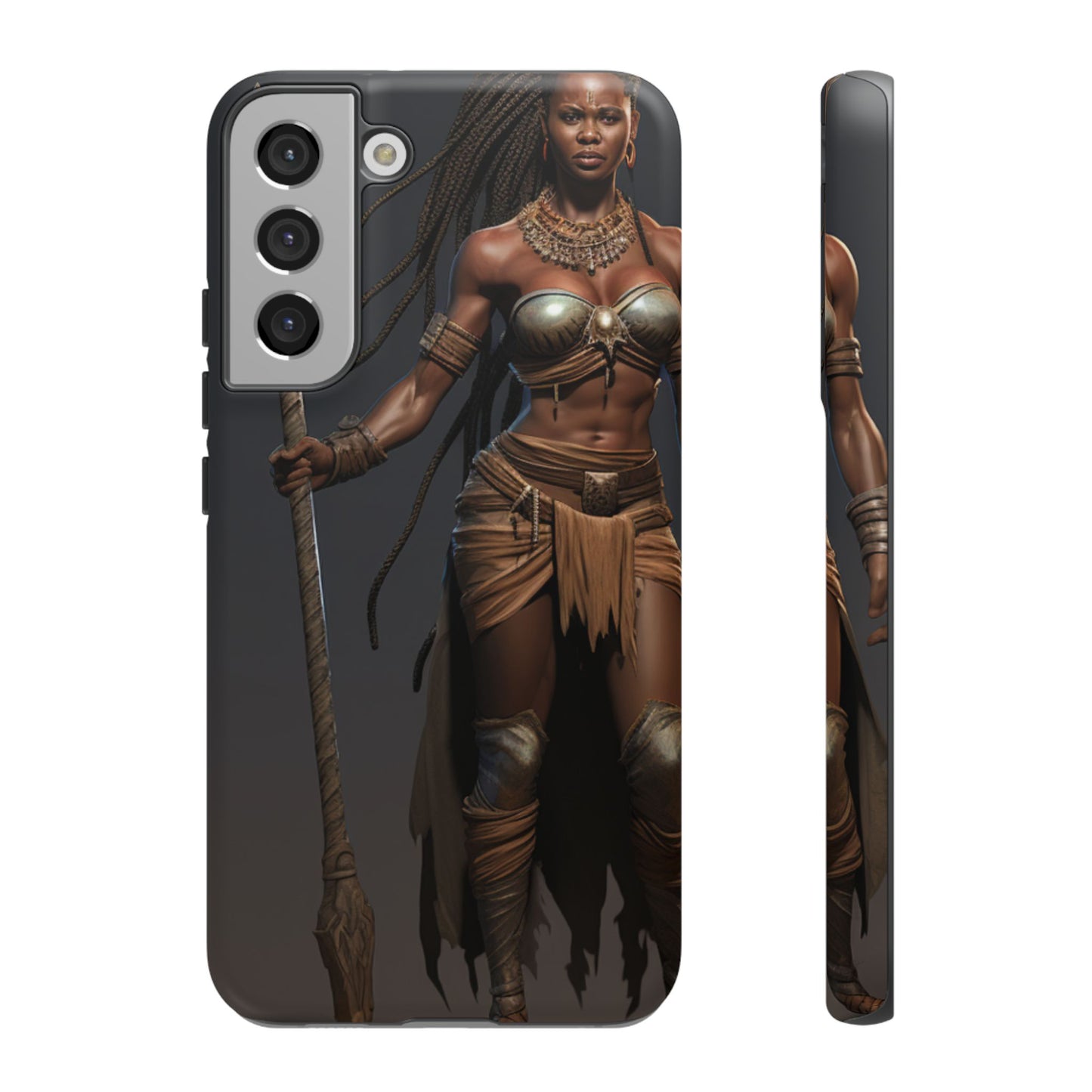 African Female Warrior Phone Case – Powerful Spear-Wielding Tribal Art Design, Bold Protective Cover