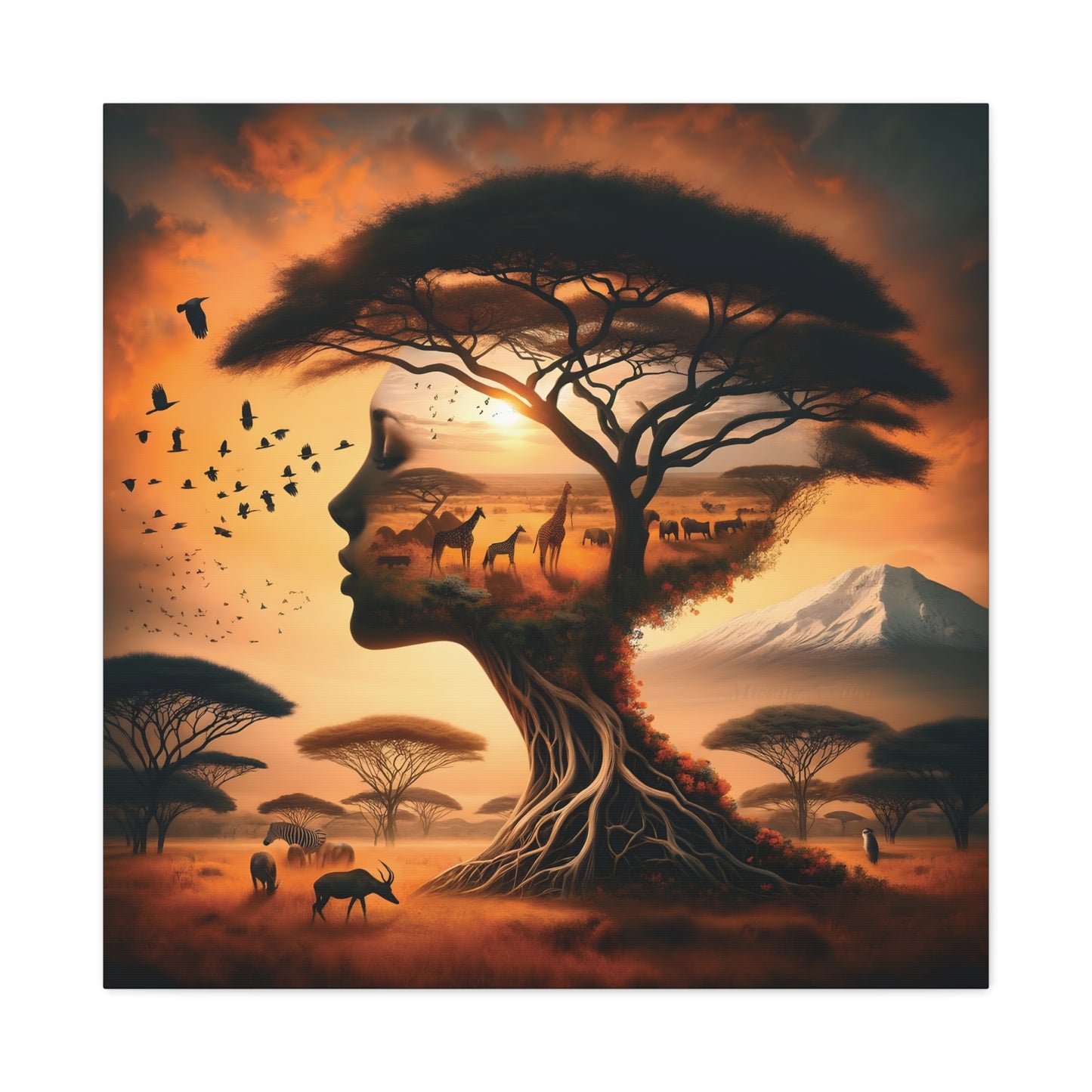 Mother Africa Silhouette Tree Art – Afrocentric Safari Wall Print with Wildlife & Mountain Scene - Dreamy Wall Decor for Nature Lovers, Wildlife Artwork,