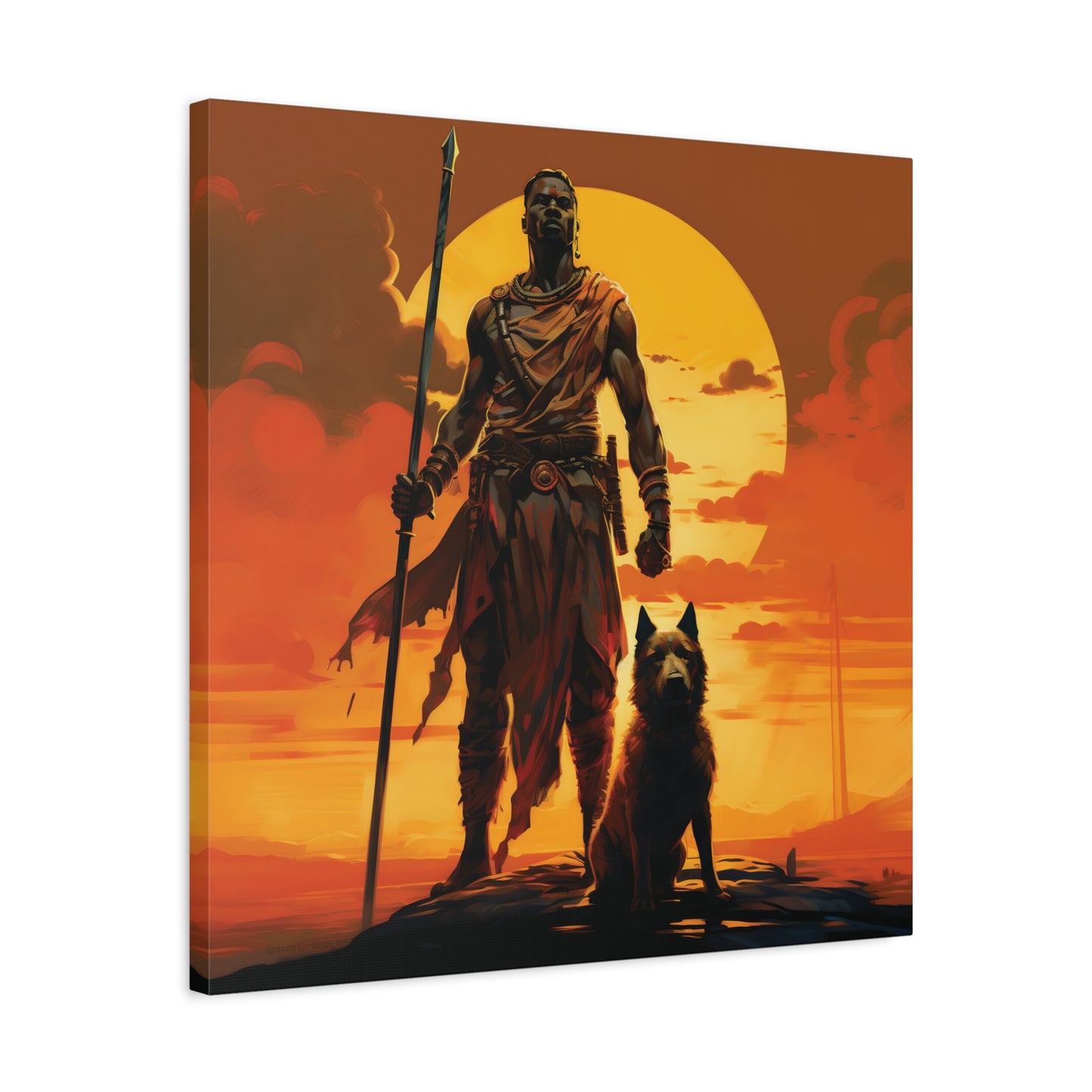 African Warrior and Guardian Dog Canvas artwork Print – Epic Sunset Wall Art for Bold Spaces, Wall Art, Home Decor, Unique Gift, Nature Inspired, Adventure Wall Hanging, Inspirational Art