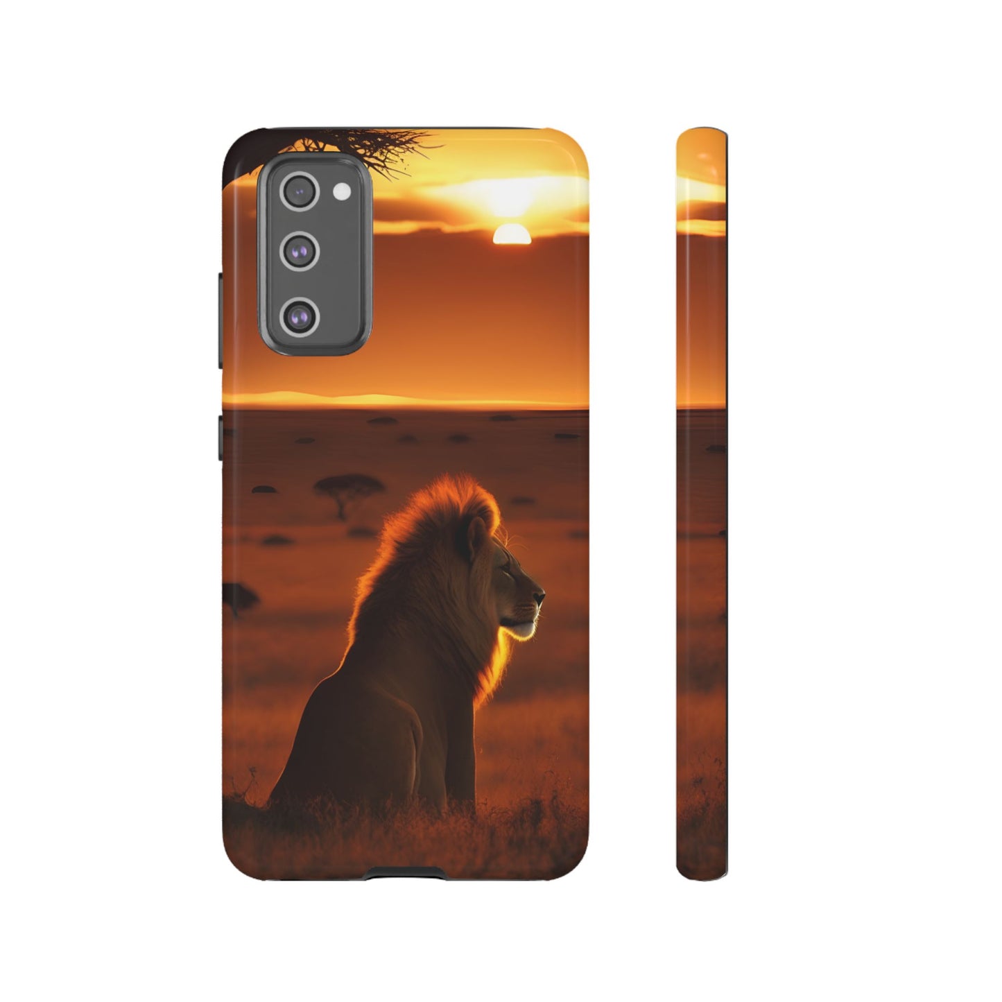 Lion Sunset Phone Case – Majestic Wildlife Art with Tree Silhouette, Safari-Inspired Protective Cover