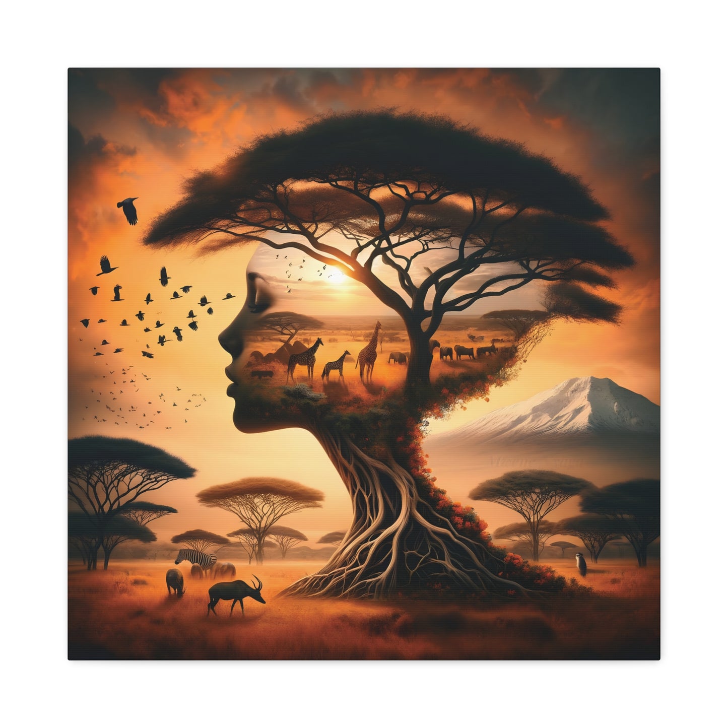 Mother Africa Silhouette Tree Art – Afrocentric Safari Wall Print with Wildlife & Mountain Scene - Dreamy Wall Decor for Nature Lovers, Wildlife Artwork,