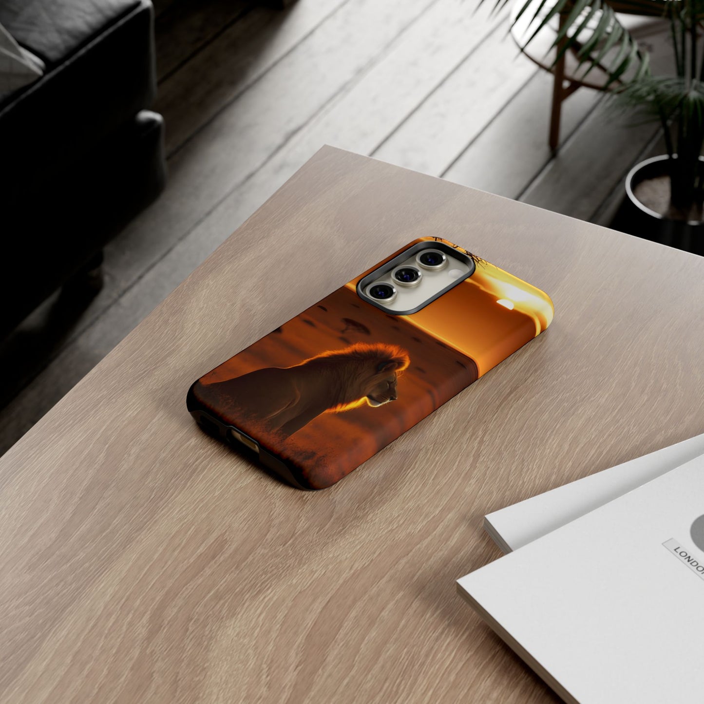 Lion Sunset Phone Case – Majestic Wildlife Art with Tree Silhouette, Safari-Inspired Protective Cover