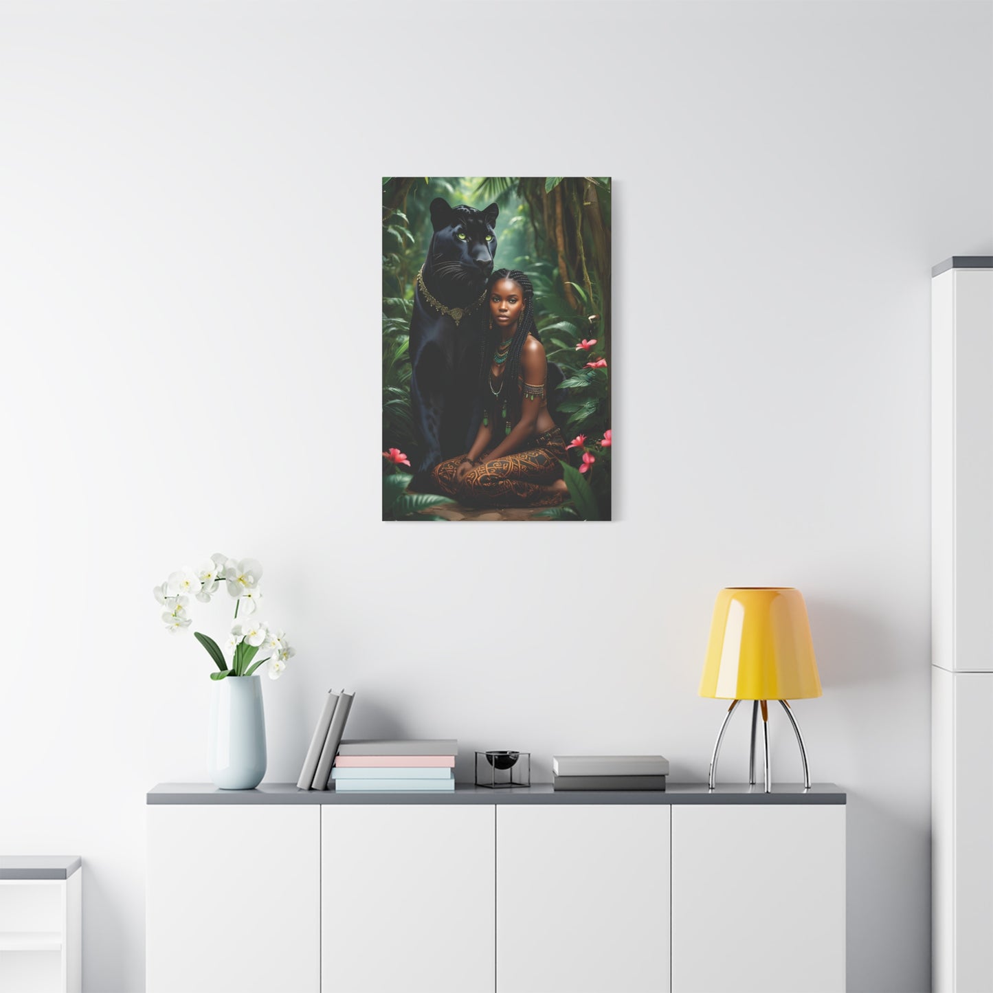 Exotic Jungle Canvas Art Print, Black Panther and Woman Wall Decor, Nature Lover Gift, Bohemian Home Art, Tropical Vibe Decoration, Afro Art