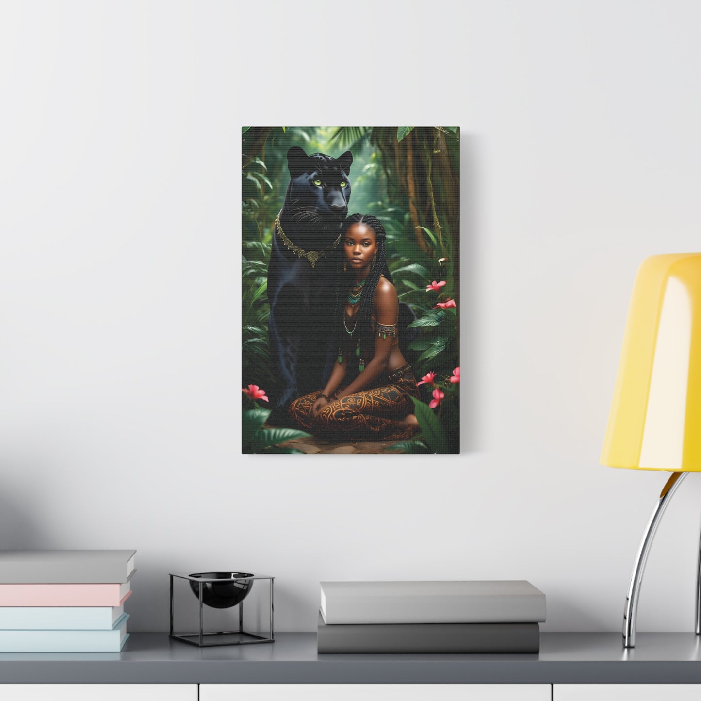 Exotic Jungle Canvas Art Print, Black Panther and Woman Wall Decor, Nature Lover Gift, Bohemian Home Art, Tropical Vibe Decoration, Afro Art