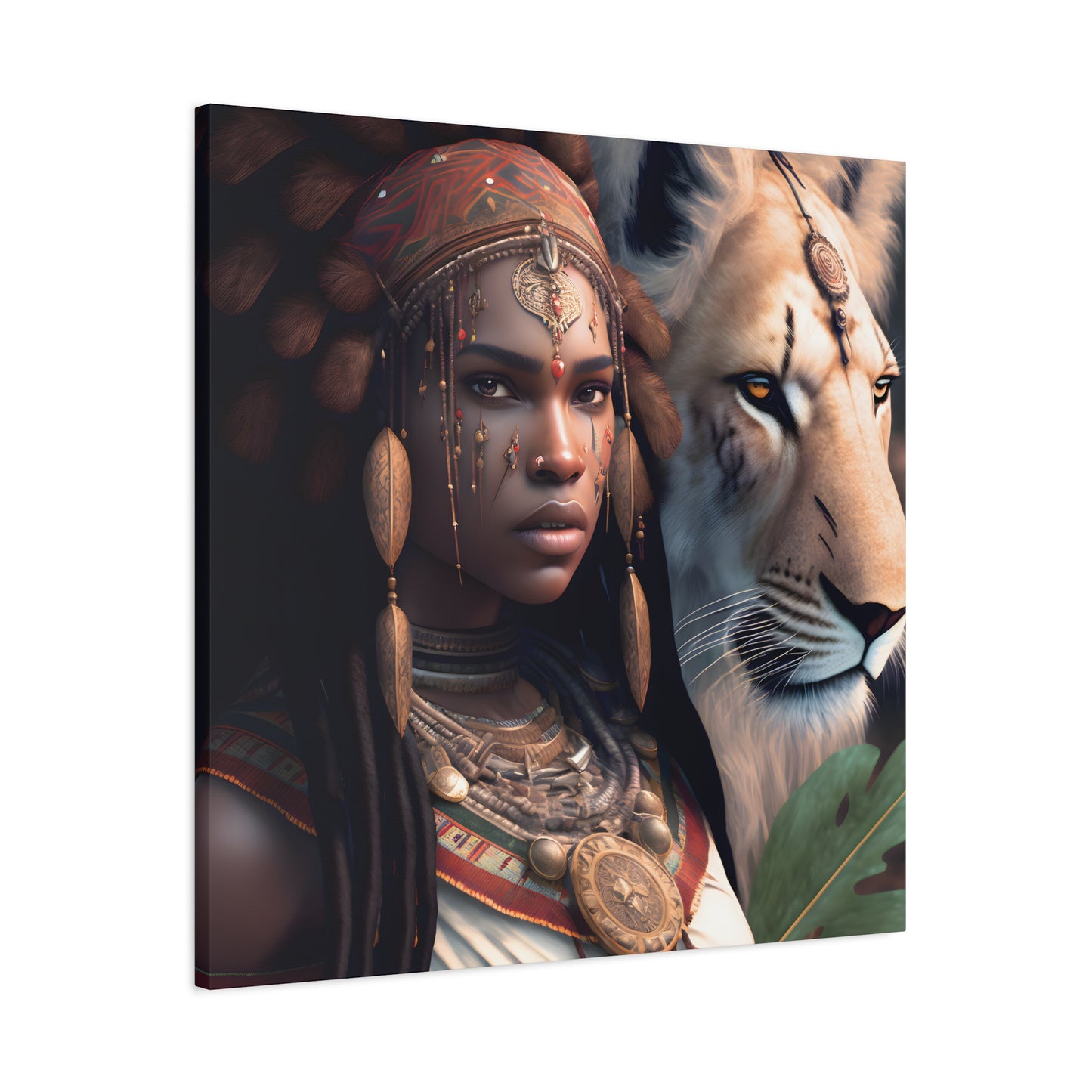 African Tribal Queen and White Lion Canvas – Regal Afrocentric Canvas Art Print, Bohemian Decor, Unique Wall Art, Tribal Home Decoration, Lion and Woman Artwork, Gift for Nature Lovers