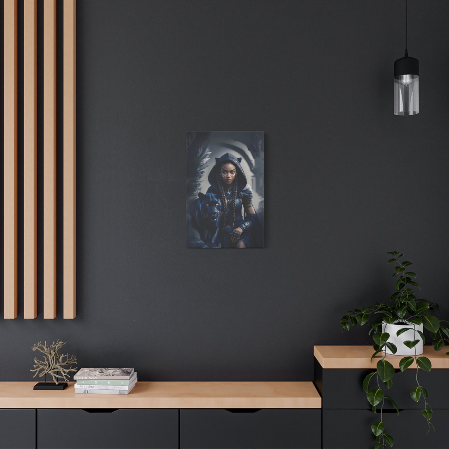 Fantasy Canvas Wall Art - Warrior with Panther, Home Decor, Black Art Print, Gift for Her, Boho Wall Hanging, Magical Room Decor, Afro