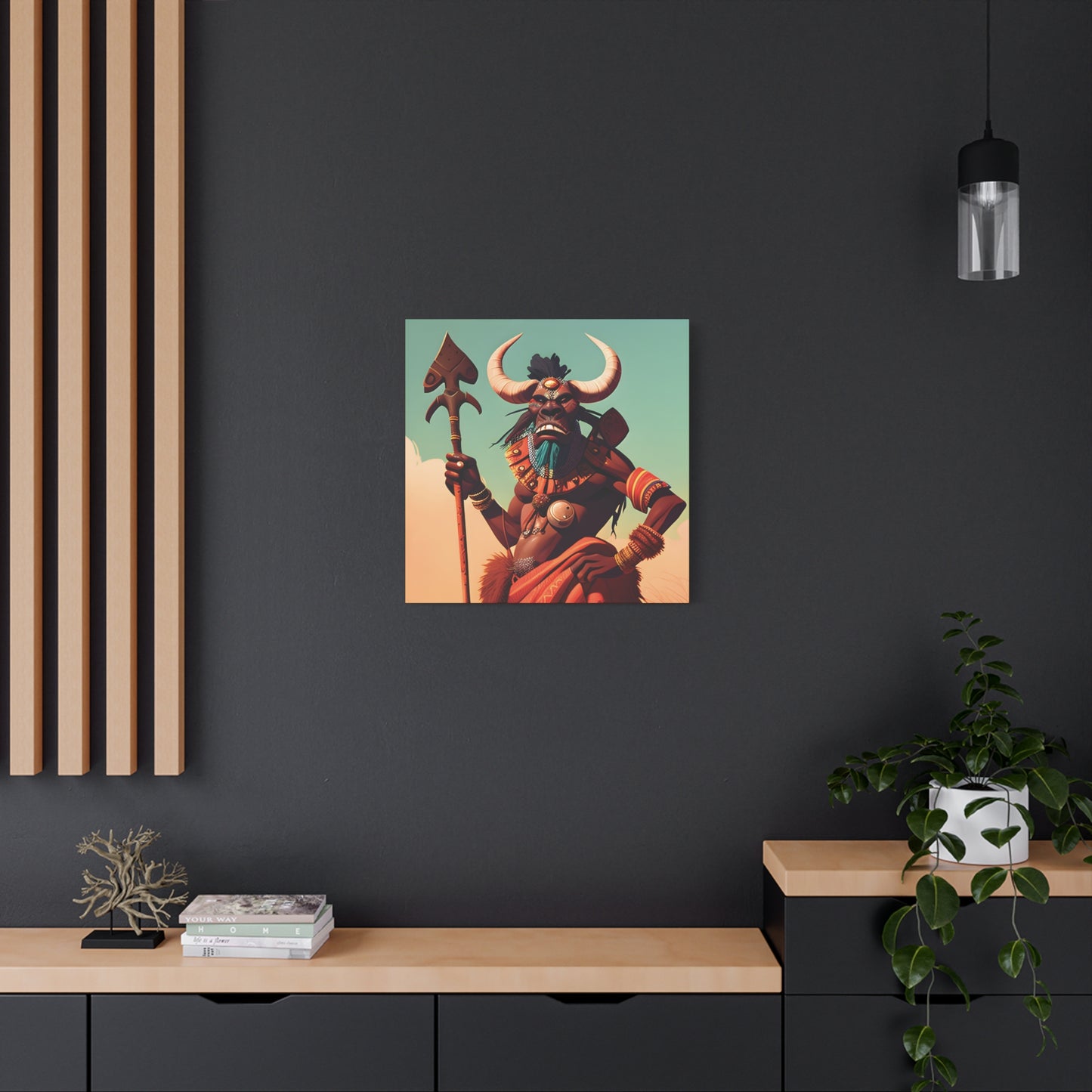 Bold African Tribal Warrior Canvas Art Print, Tribal Wall Decor, Cultural Artwork, Boho Home Decor, Unique Gifts for Him,Warrior Bull Spirit Art
