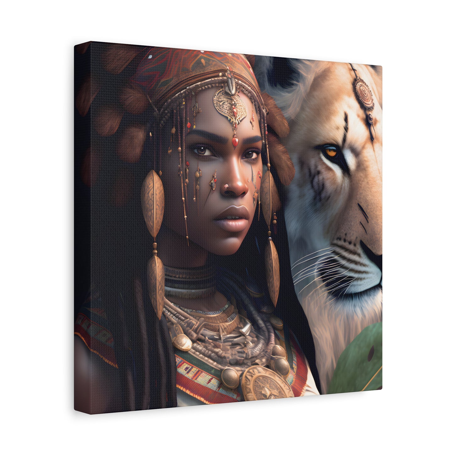 African Tribal Queen and White Lion Canvas – Regal Afrocentric Canvas Art Print, Bohemian Decor, Unique Wall Art, Tribal Home Decoration, Lion and Woman Artwork, Gift for Nature Lovers