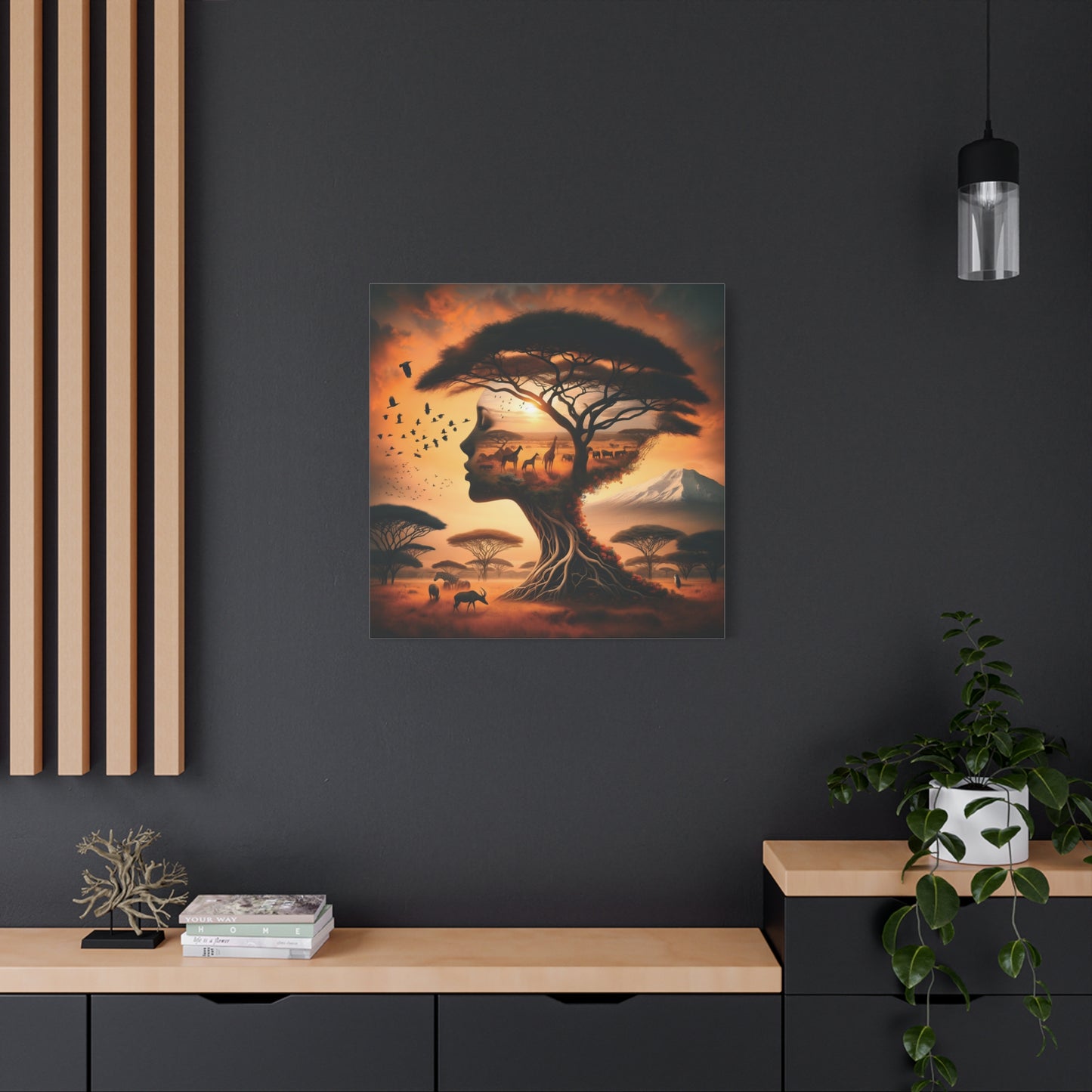 Mother Africa Silhouette Tree Art – Afrocentric Safari Wall Print with Wildlife & Mountain Scene - Dreamy Wall Decor for Nature Lovers, Wildlife Artwork,