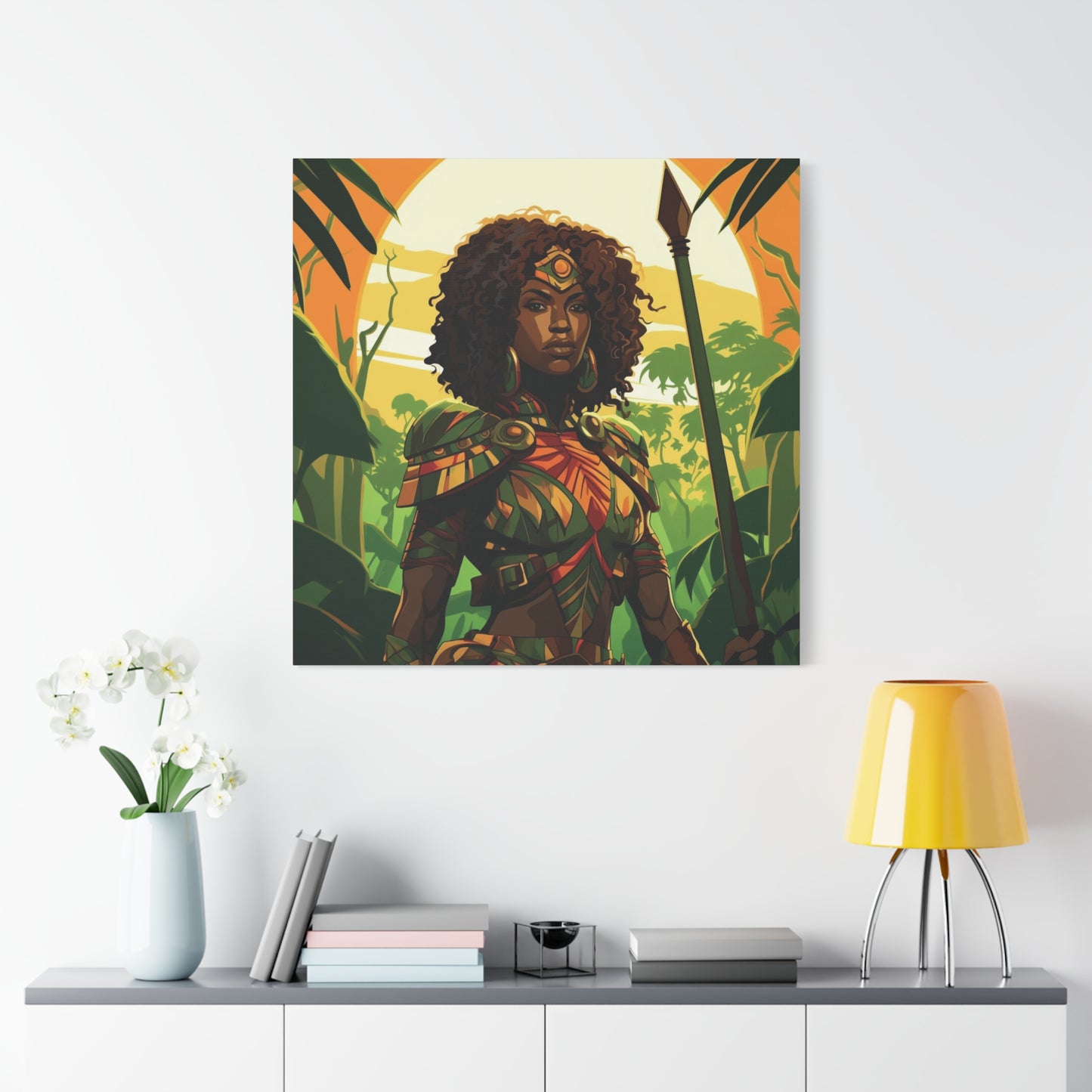 Jungle Warrior Queen Wall Art – Afrocentric Strength & Beauty Canvas Print | Jungle Wall Decor, Ethnic Artwork, Home Gallery, Gift for Art Lovers, Boho Decor