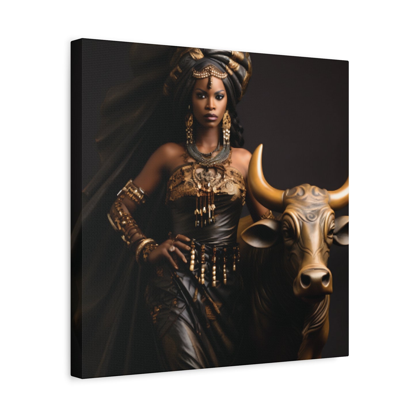 Golden African Queen with Bull – Regal Black Art Canvas for Empowered Spaces, Wall Decor, Home Decoration, Cultural Gift, Unique Artwork, Living Room Art