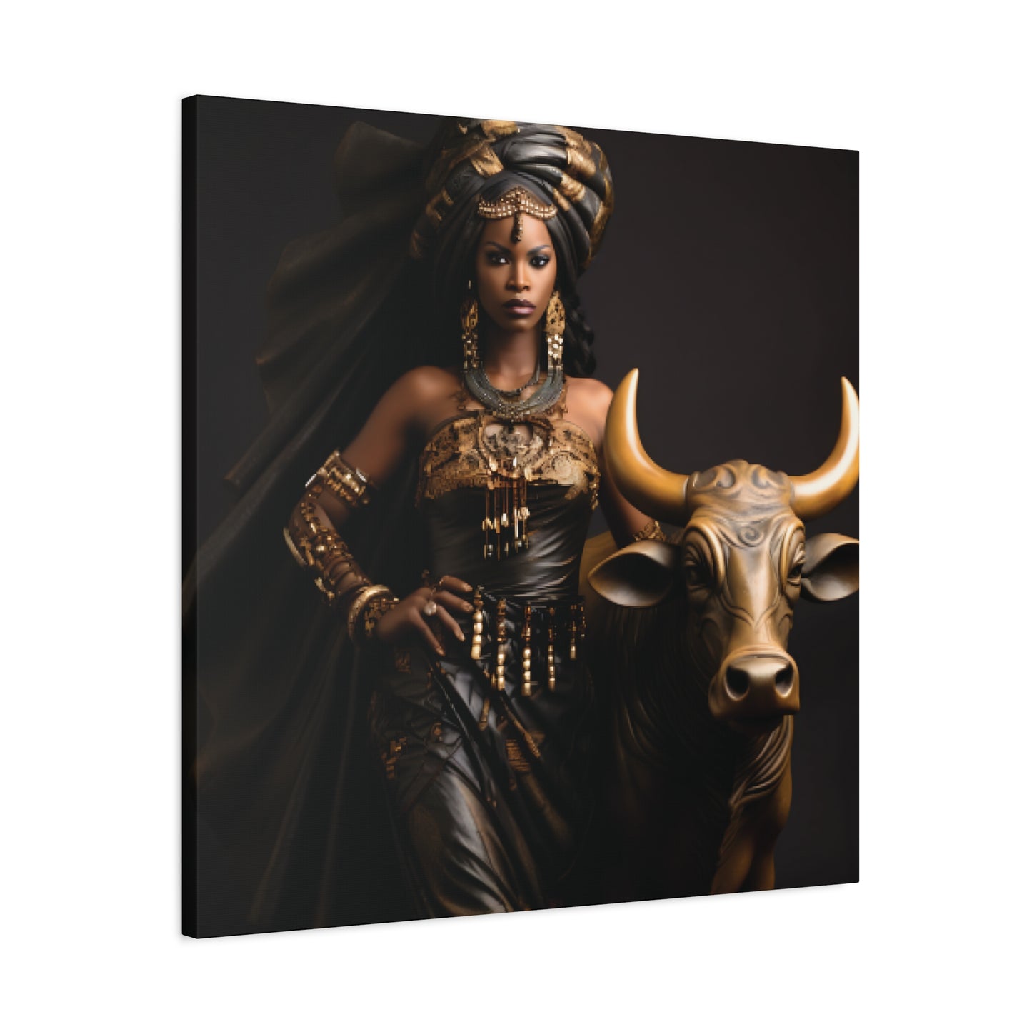 Golden African Queen with Bull – Regal Black Art Canvas for Empowered Spaces, Wall Decor, Home Decoration, Cultural Gift, Unique Artwork, Living Room Art