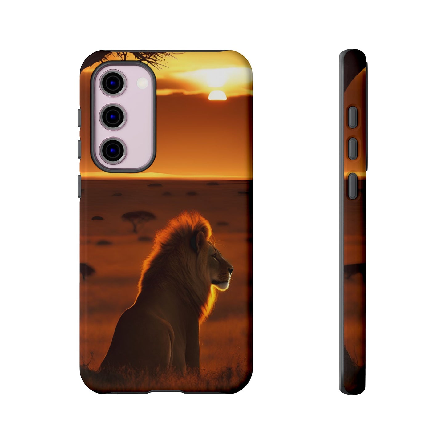 Lion Sunset Phone Case – Majestic Wildlife Art with Tree Silhouette, Safari-Inspired Protective Cover