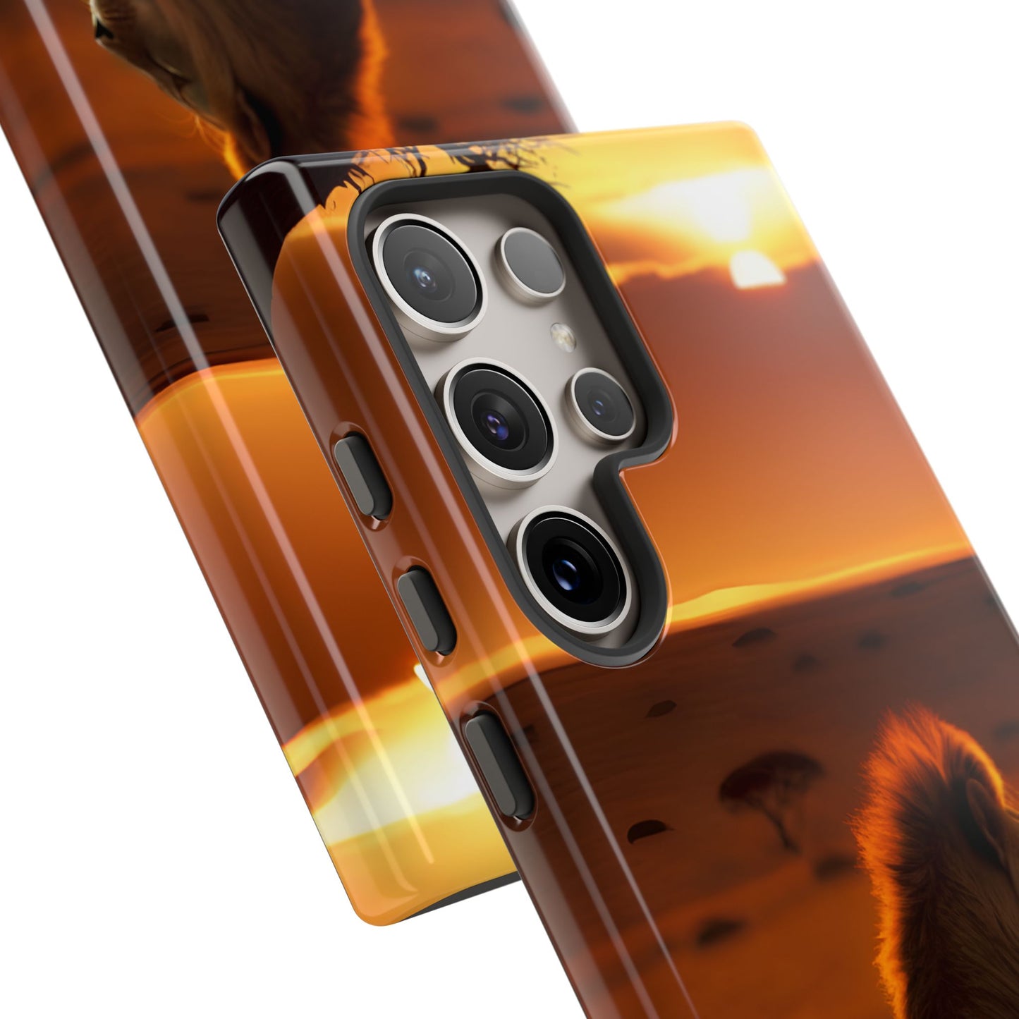 Lion Sunset Phone Case – Majestic Wildlife Art with Tree Silhouette, Safari-Inspired Protective Cover