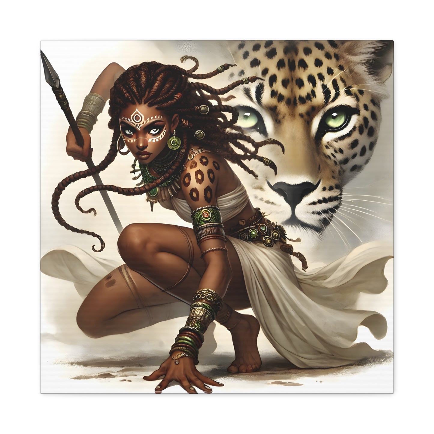 African Warrior Queen and Leopard Art – Empowering Canvas Wall Decor, Jungle Queen, Home Decor, African Art, Nature Inspired