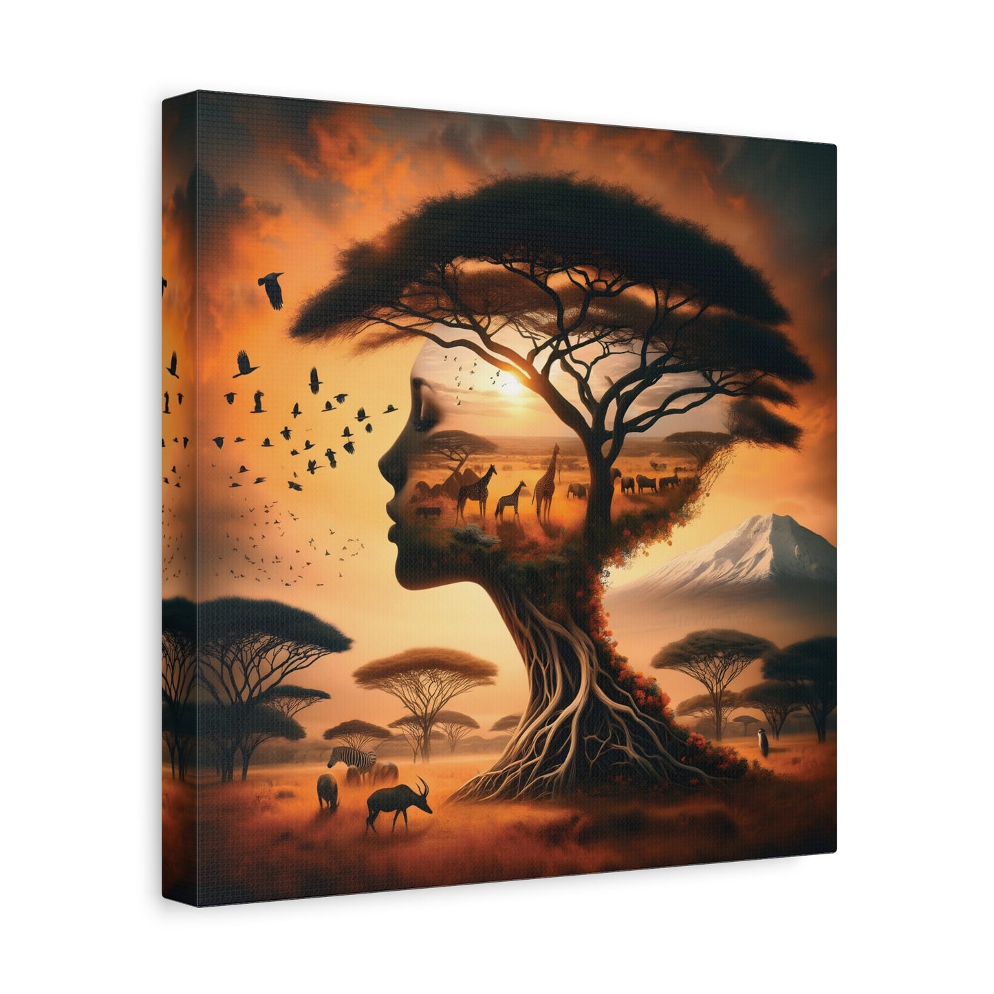 Mother Africa Silhouette Tree Art – Afrocentric Safari Wall Print with Wildlife & Mountain Scene - Dreamy Wall Decor for Nature Lovers, Wildlife Artwork,