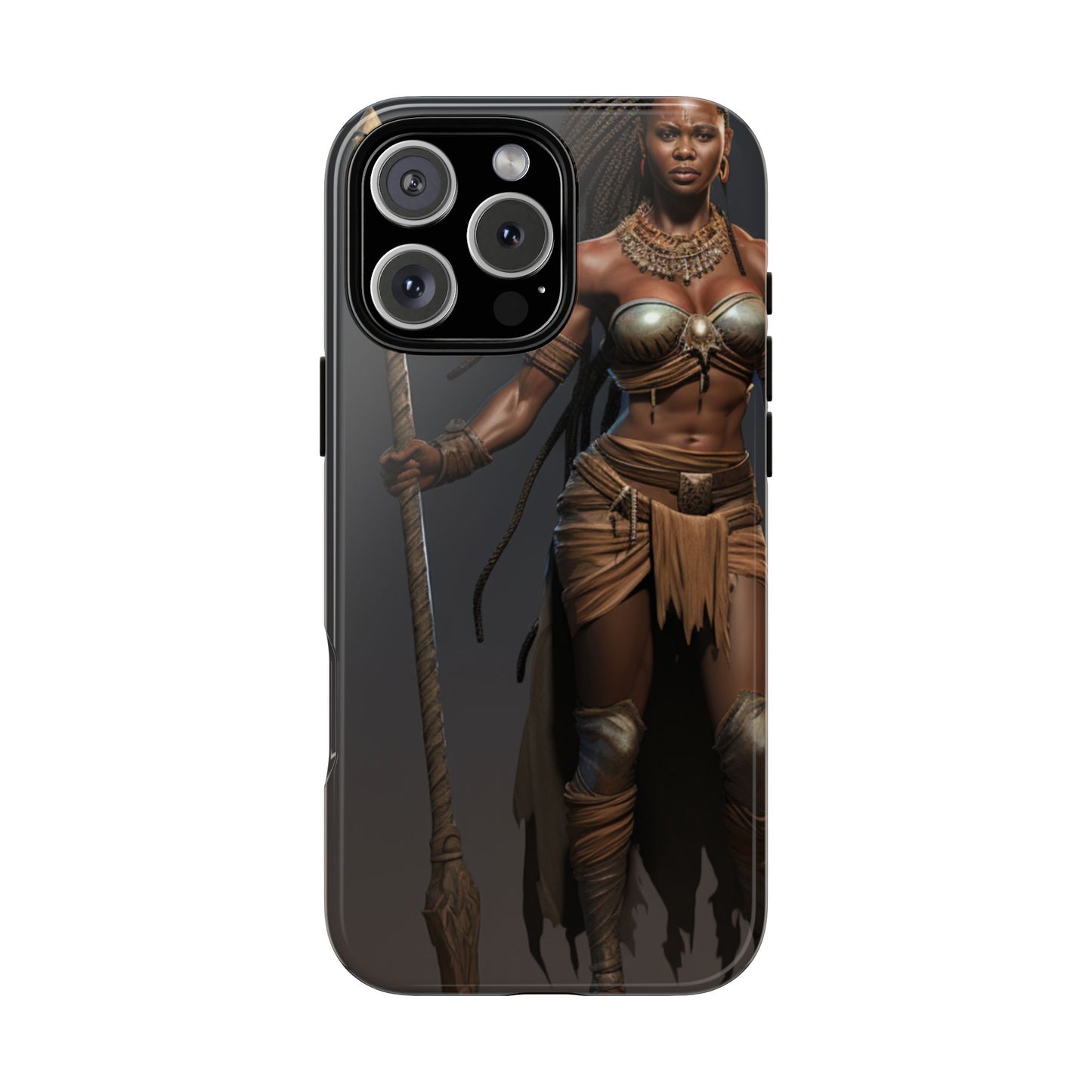 African Female Warrior Phone Case – Powerful Spear-Wielding Tribal Art Design, Bold Protective Cover