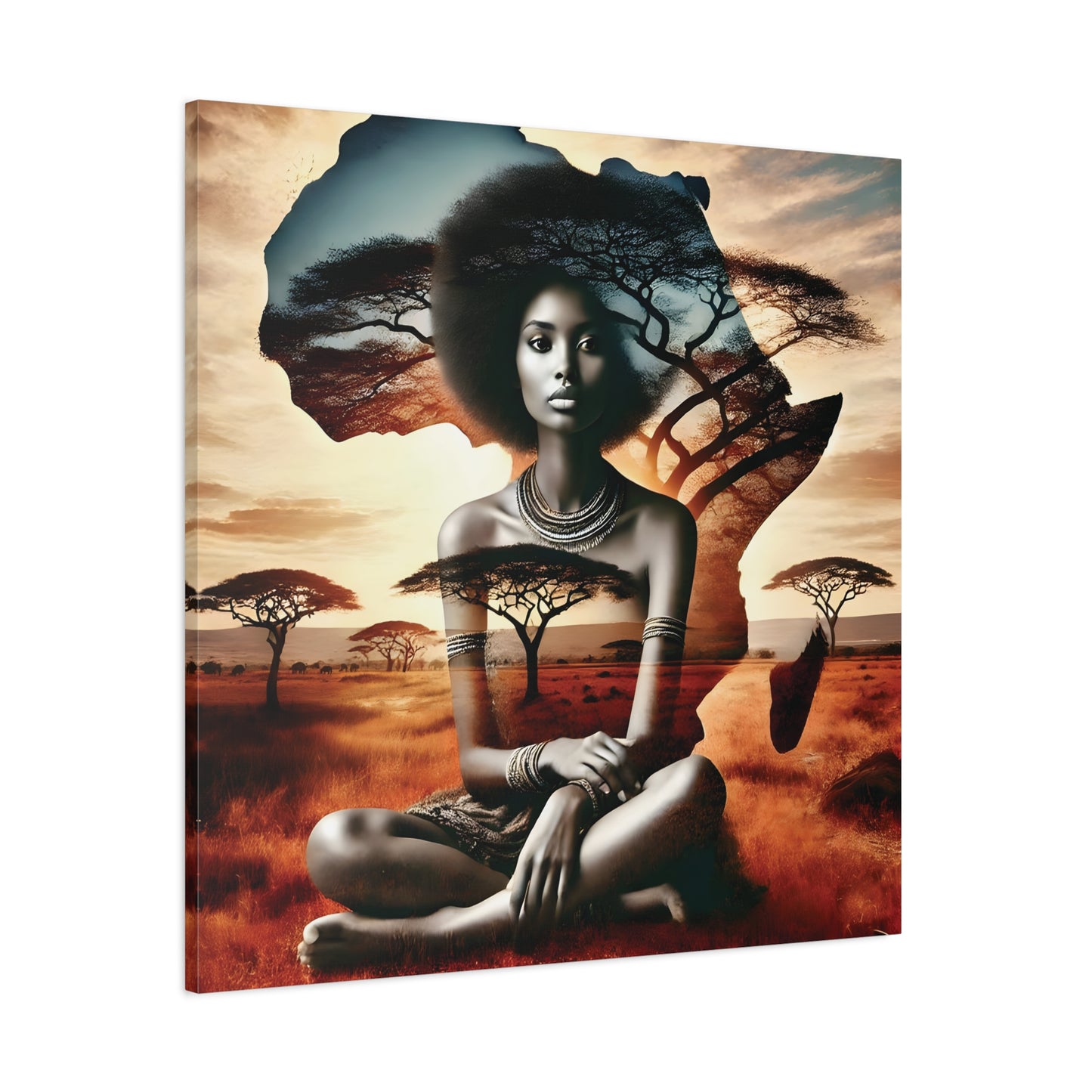 African Queen Canvas Wall Art Print – Afrocentric Woman with Africa Map and Acacia Trees, Ethnic Vibe and Culture Lovers, Living Room Art