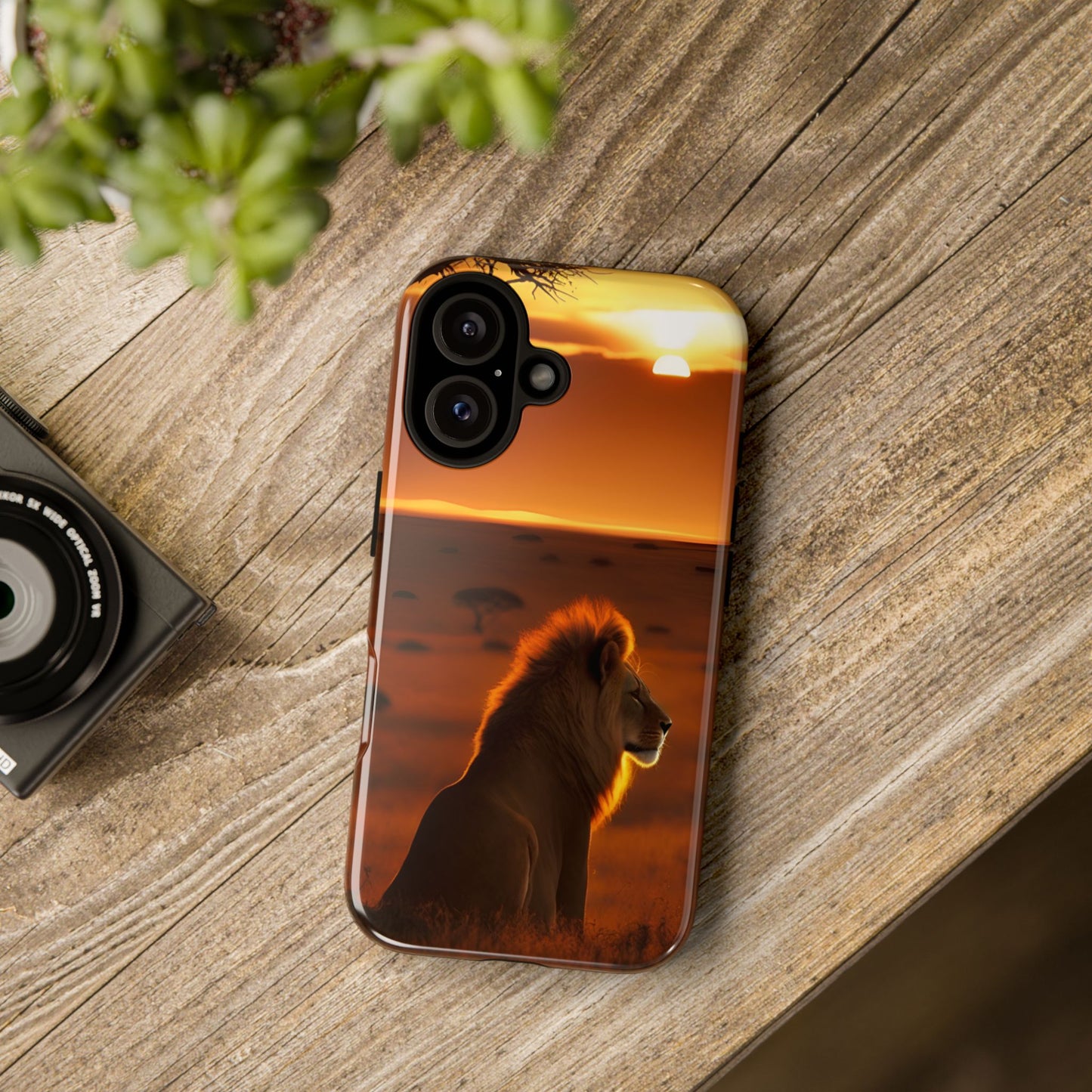 Lion Sunset Phone Case – Majestic Wildlife Art with Tree Silhouette, Safari-Inspired Protective Cover