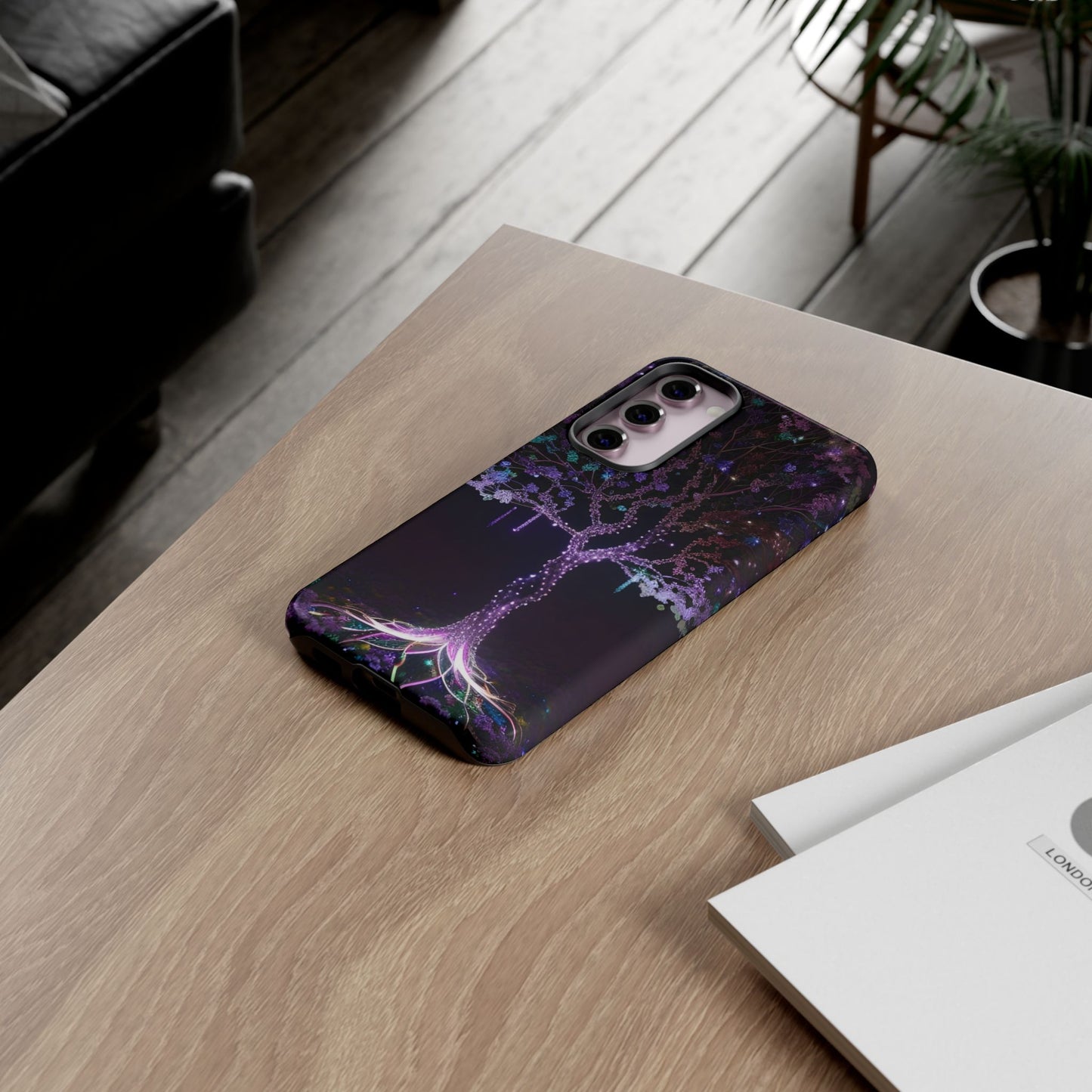 Dark Purple Tree Phone Case – Luminous Nature Art, Mystical Night Design Protective Cove