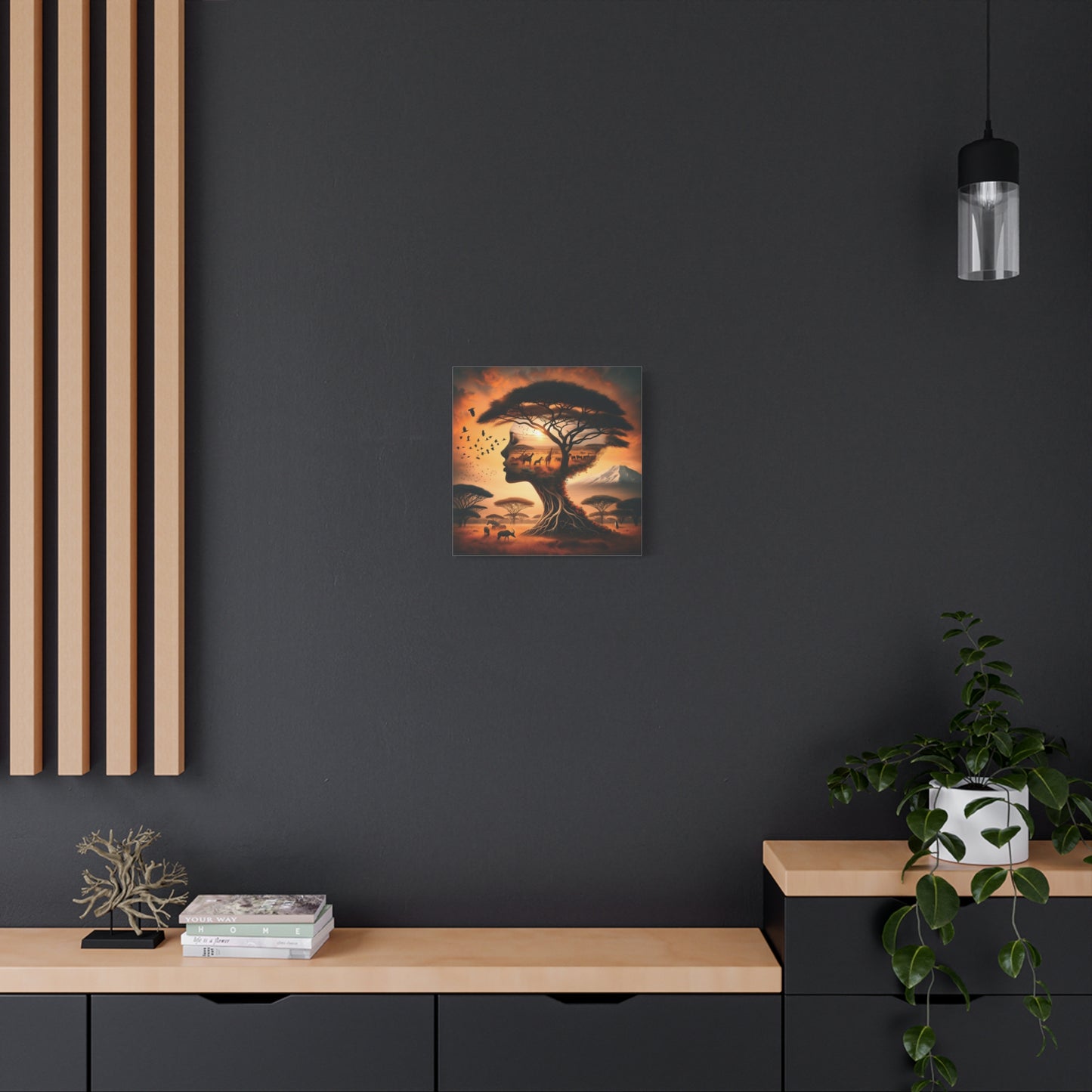 Mother Africa Silhouette Tree Art – Afrocentric Safari Wall Print with Wildlife & Mountain Scene - Dreamy Wall Decor for Nature Lovers, Wildlife Artwork,